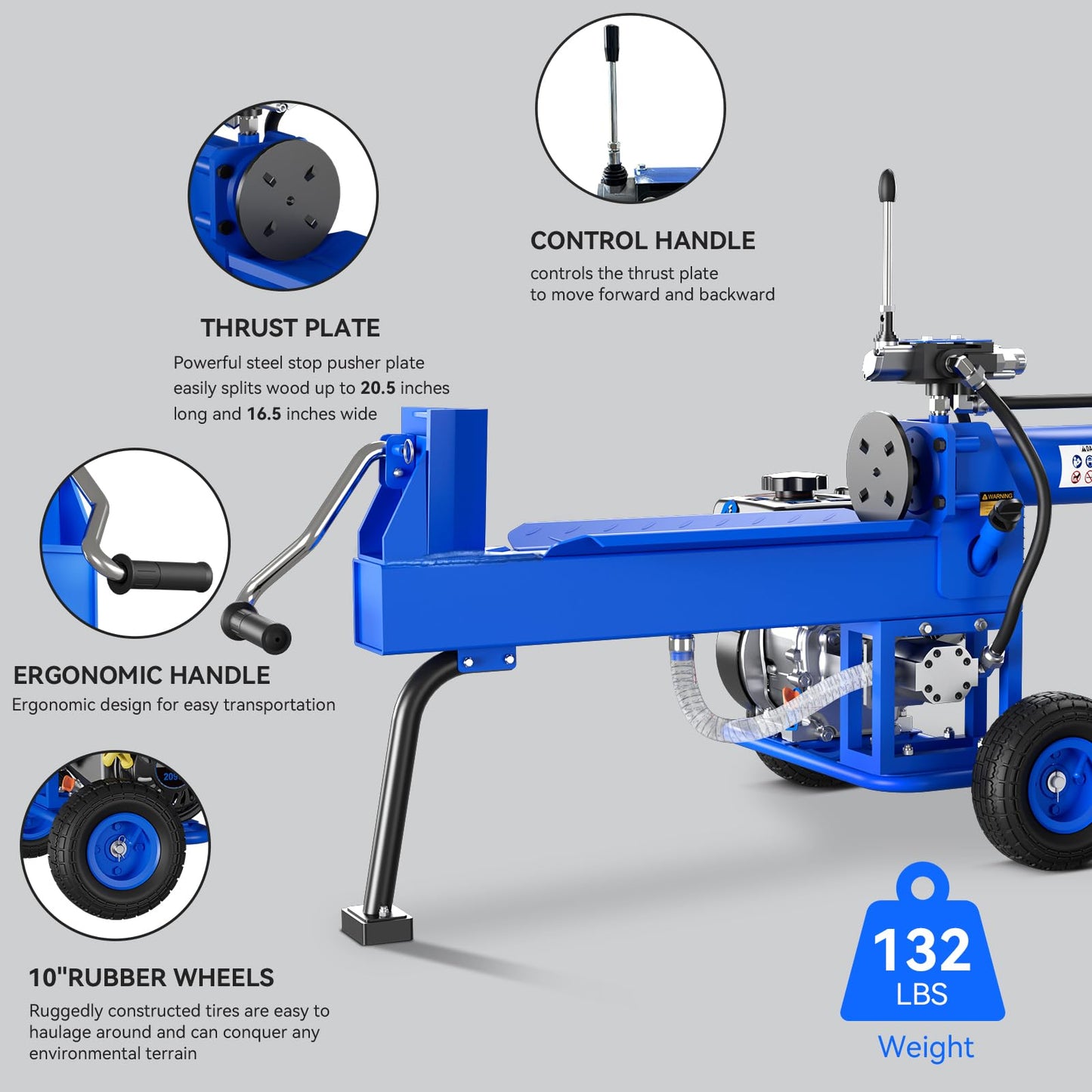 Marcytop Portable Log Splitter, 20-Ton Auto-Return Ram System with 7HP Gas Engine and Dual-Gear Hydraulic Pump, Horizontal Full-Beam Steel Wedge Firewood Splitter