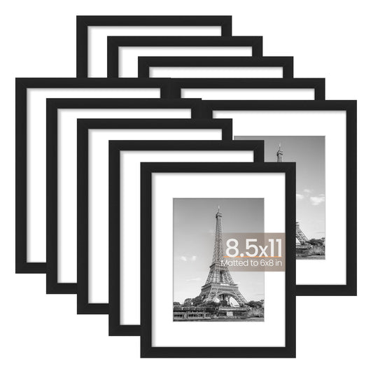 upsimples 8.5x11 Picture Frame Set of 10, Display Pictures 6x8 with Mat or 8.5x11 Without Mat, Multi Photo Frames Collage for Wall or Tabletop Display, Black