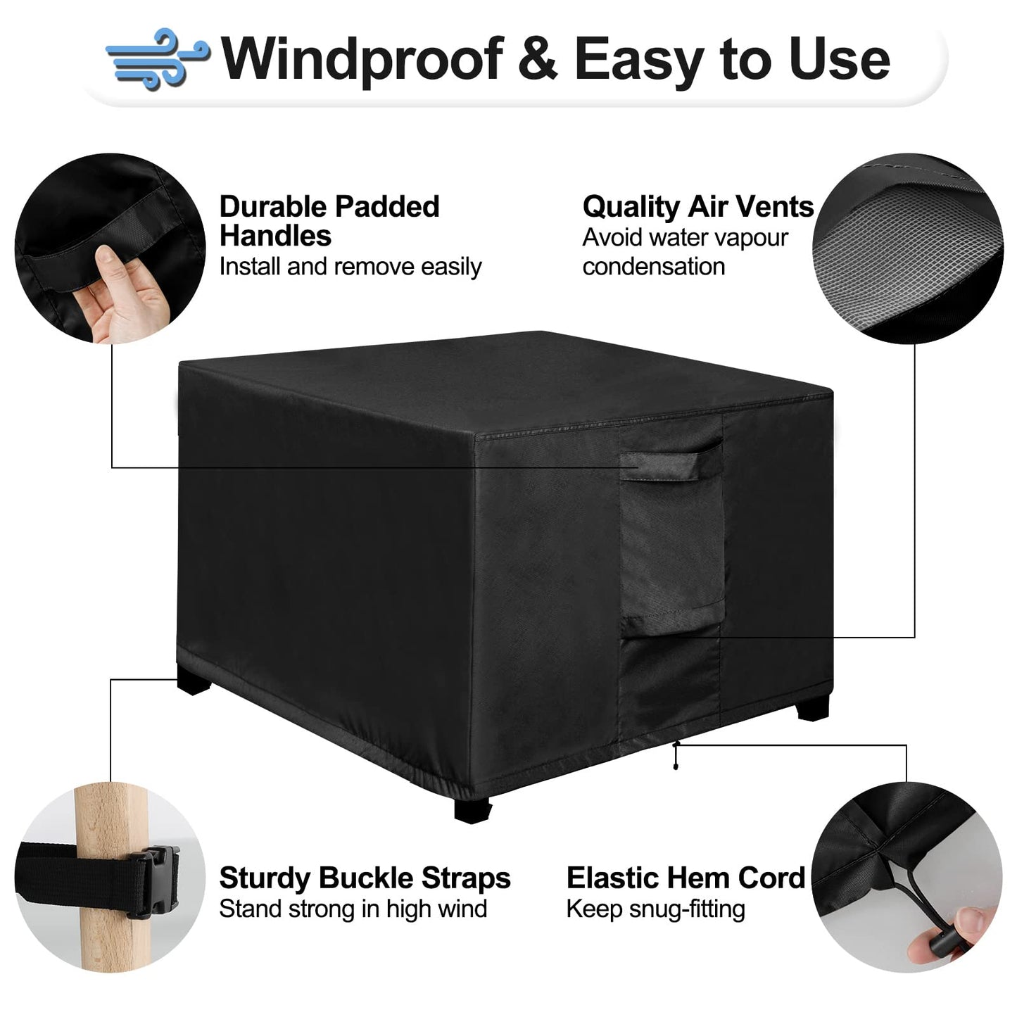 OutdoorLines Outdoor Waterproof Patio Ottoman Covers - Square UV-Proof Patio Side Table Cover Windproof Heavy-Duty Furniture Covering Protector 25L x 25W x 17H Inch, Black