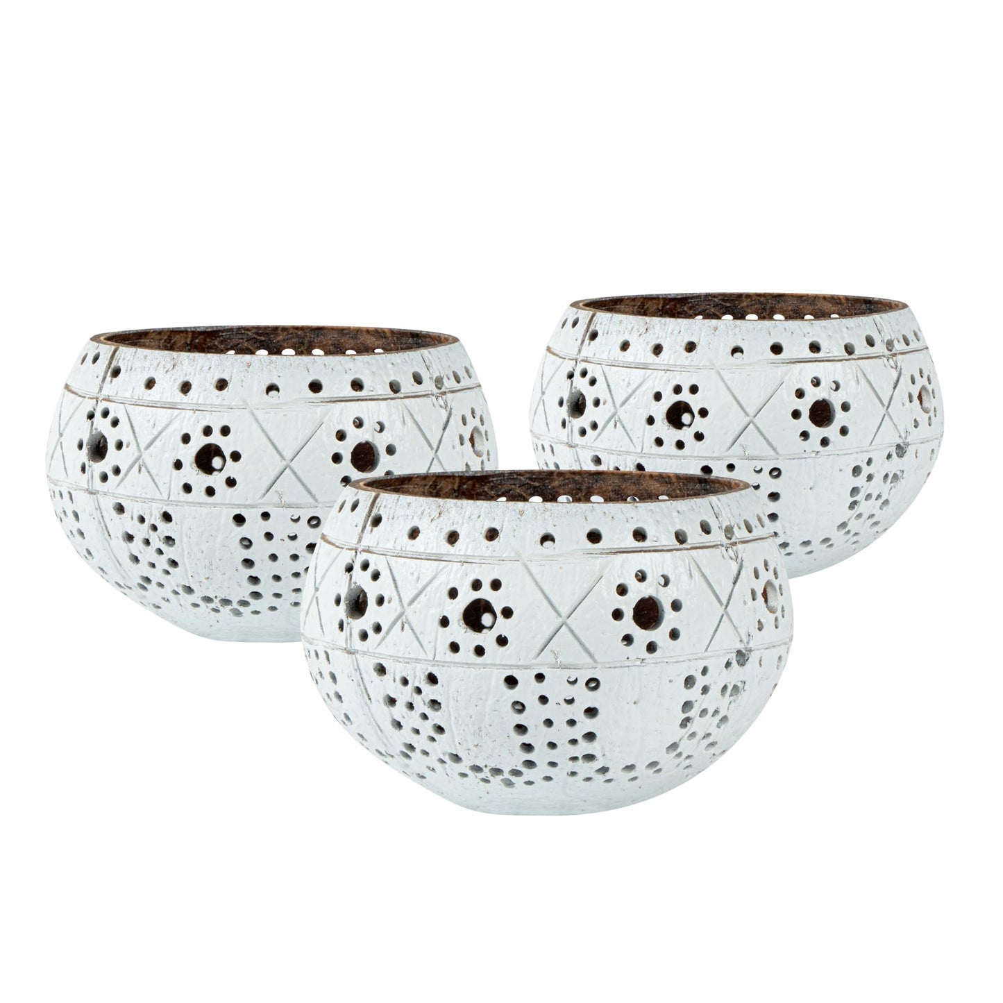 Restaurantware - Coco Casa 4 x 3.3 Inch Coconut Shell Candle Holders, 1 Reusable Tealight Candle Holders - Candle Not Included, Sun And Light Pattern, White Coconut Bowls For Candles, Handcrafted