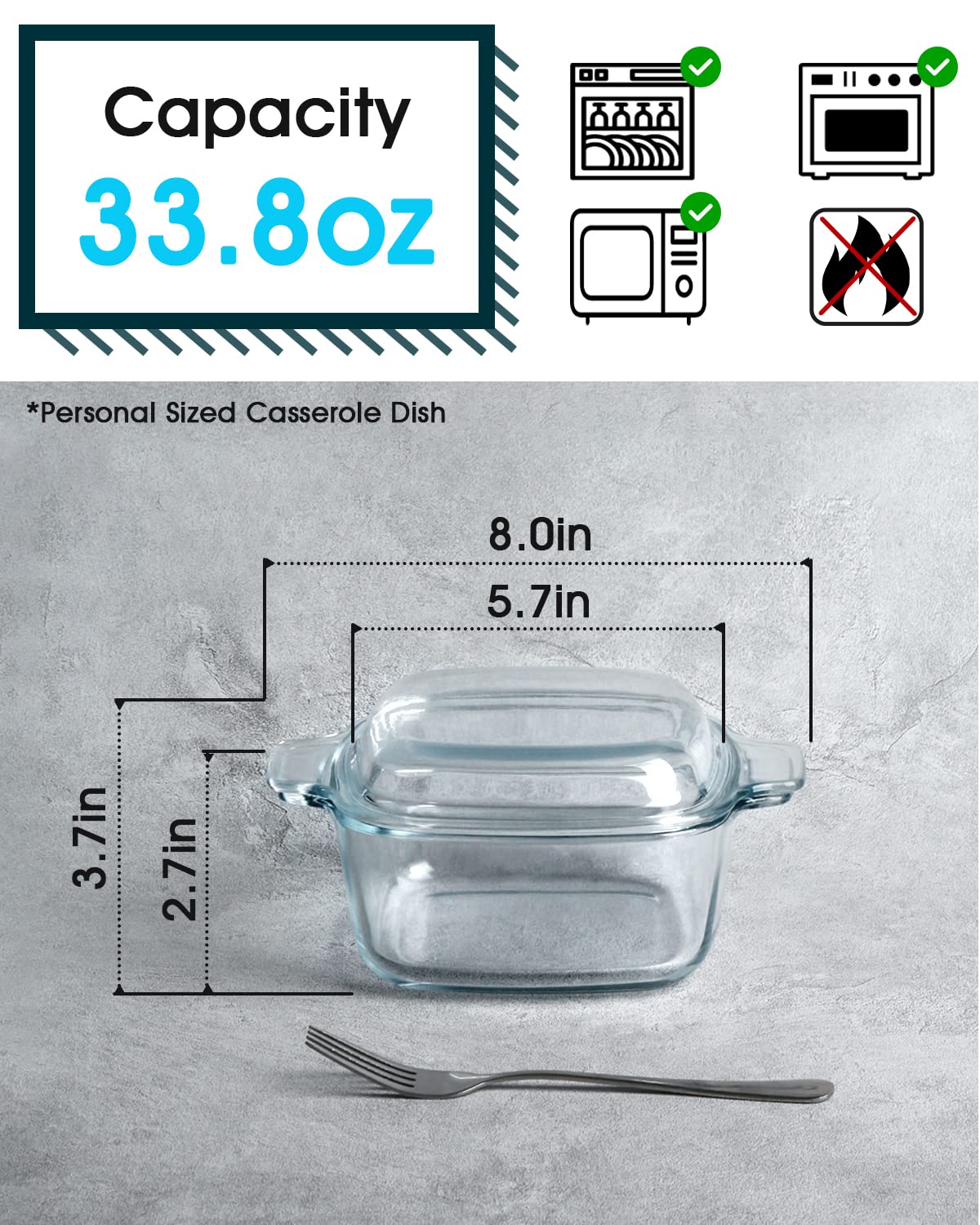 NUTRIUPS 1L Glass Casserole Dish for Oven with Lid Square Casserole Dish with Lid, Mini Glass Casserole Cookware Small Casserole Dish