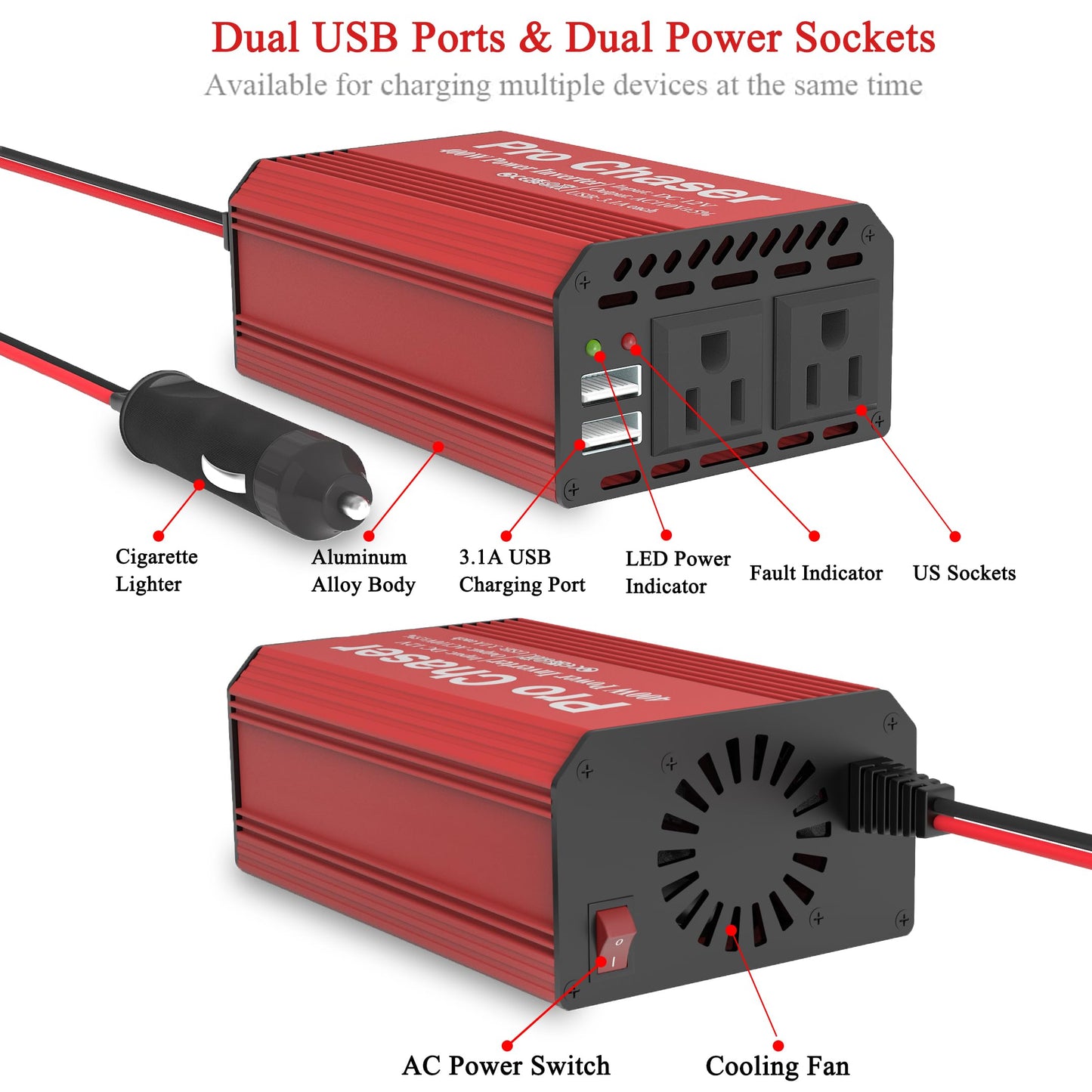 Pro Chaser 400W Power Inverters for Vehicles - DC 12v to 110v AC Car Inverter Converter, 6.2A Dual USB Charging Ports, Dual AC Adapter for Air Compressor Laptops (Red)