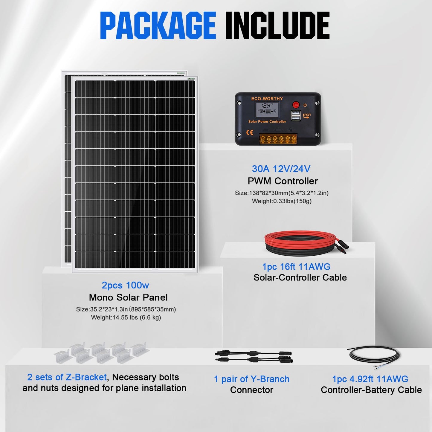 ECO-WORTHY 200 Watts 12 Volt/24 Volt Solar Panel Kit with High Efficiency Monocrystalline Solar Panel and 30A PWM Charge Controller for RV, Camper, Vehicle, Caravan and Other Off Grid Applications