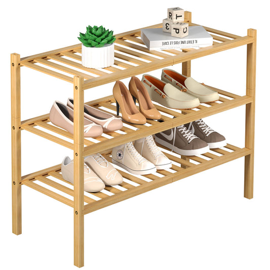 ROMGUAR CRAFT 3 Tier Bamboo Shoe Rack for Closet Free Standing Wood Shoe Shelf Storage Organizer for Entryway Small Space Stackable 27"x11"x20" (Natural)