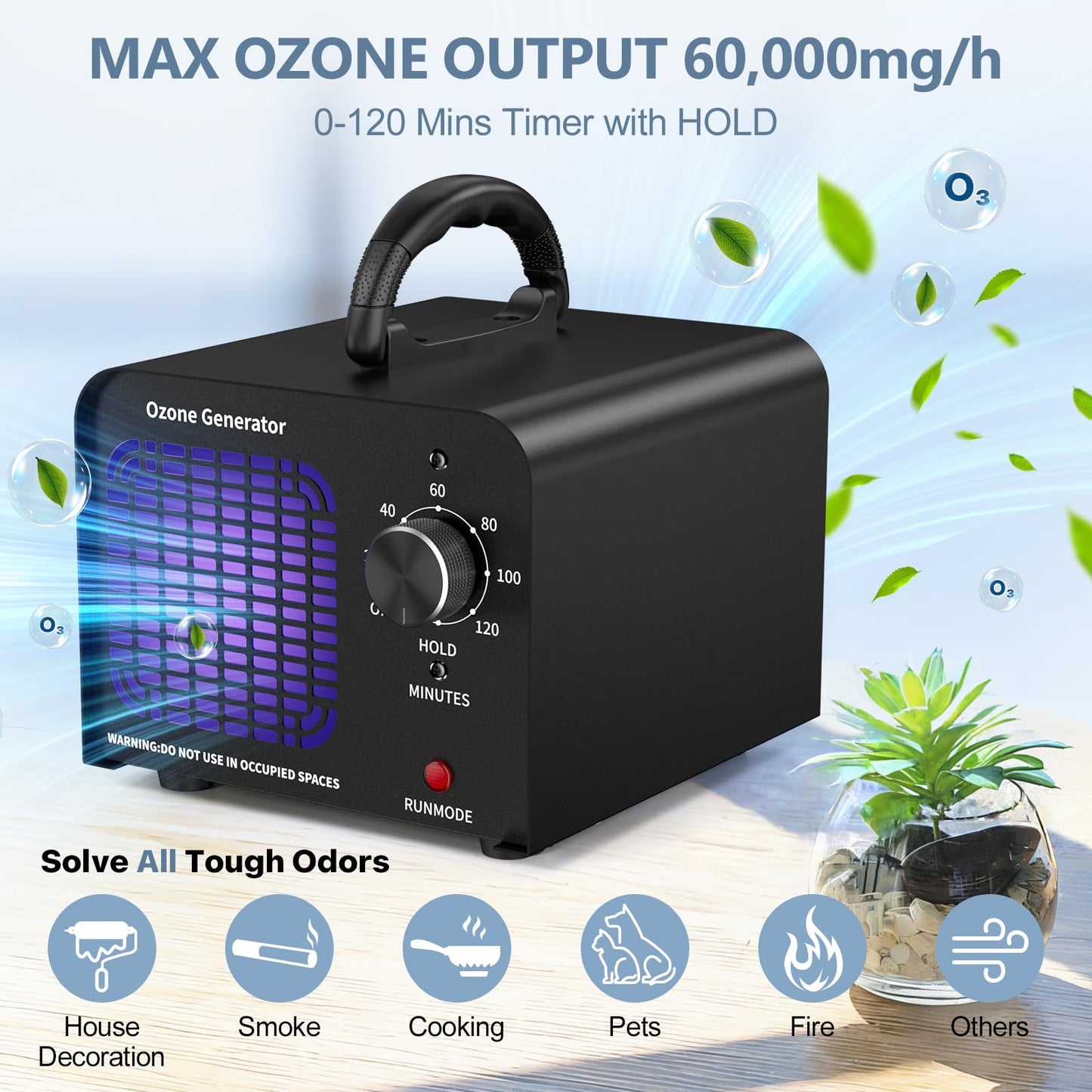 Ozone Generator 60000mg/h, Ozone Machine, Ionizer-High Capacity Ozone Odor Eliminator, For Car/Home/Smoke/Pet Odor Removal(Black)