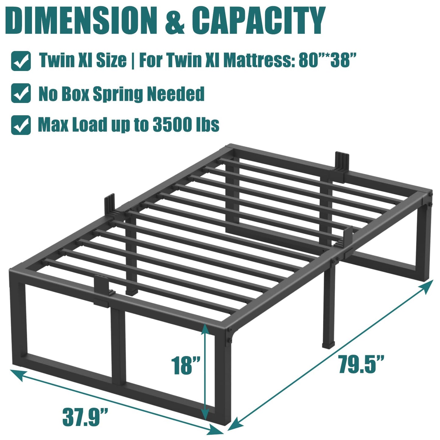 Yitong Angel Twin XL Size Bed Frame, 18 Inch Heavy Duty Support 3500 lbs Metal Platform, No Box Spring Needed/Noise Free/Non-Slip/Steel Slat Support/Easy Assembly