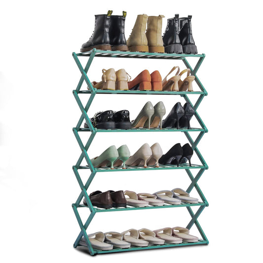 MoNiBloom Folding Shoe Rack for Entryway, Bamboo 6 Tier Stackable Installation-Free Shoe Storage Cabinet for 21-25 Pairs for Boots Heels Sandals Slippers, Green