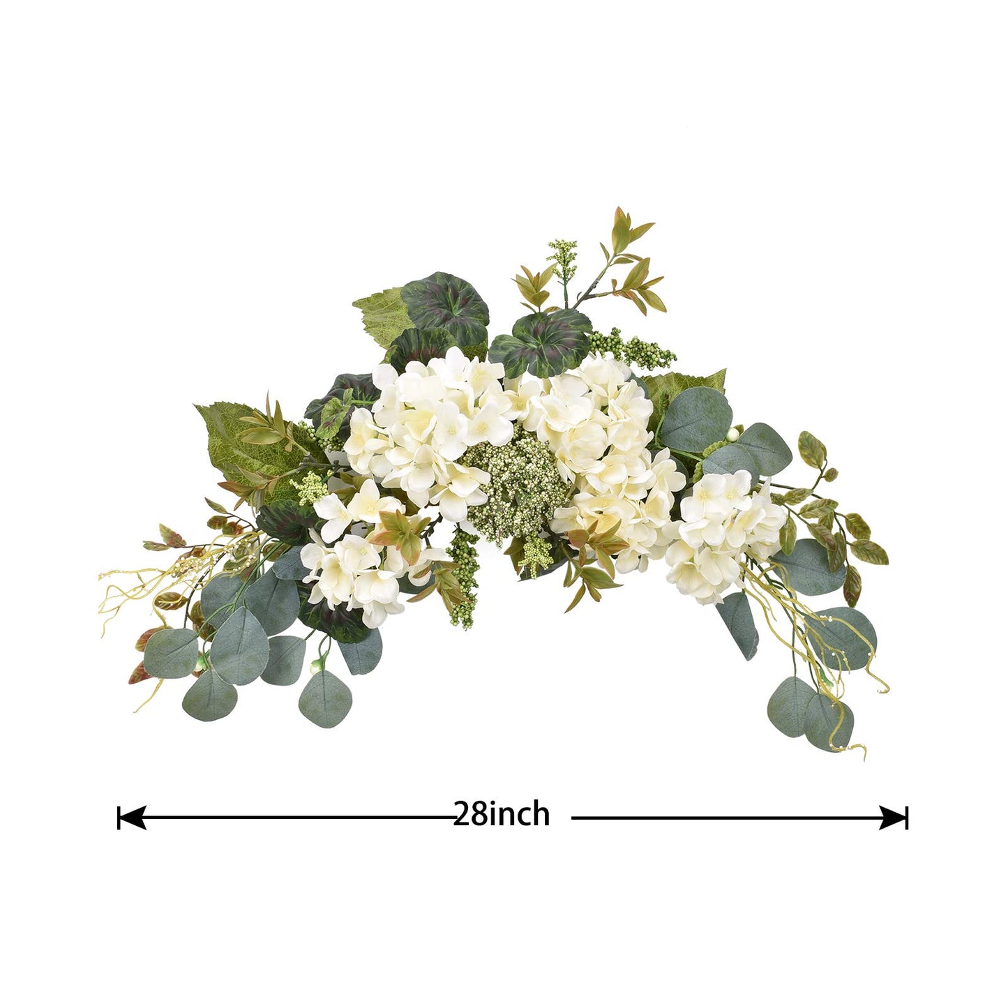 I-GURU Artificial Swag Hydrangea Flower 28 Inch, White Spring Decorative Swags with Green Leaves for Home Room Front Door Wedding Arch Garden Party Tabletop Wall Decor