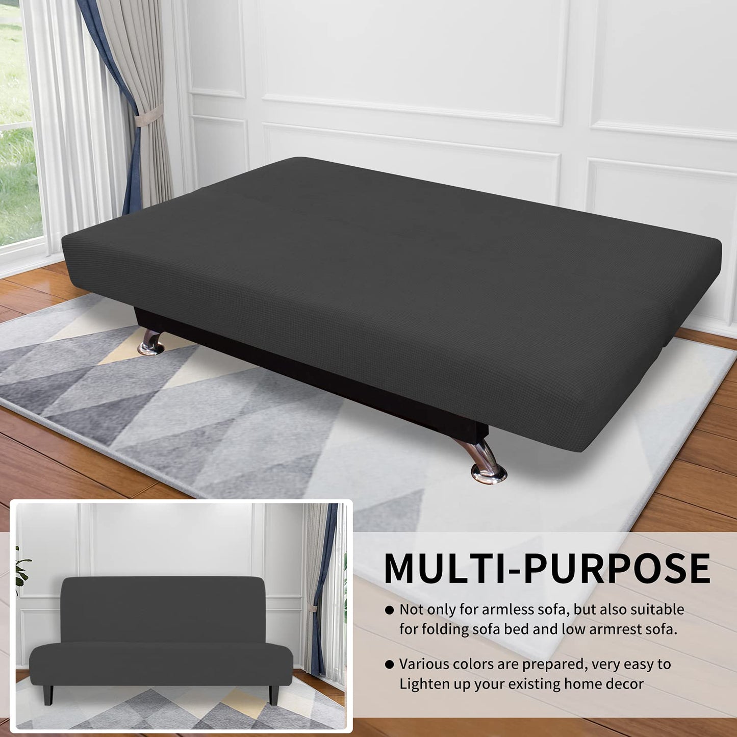 Easy-Going Stretch Futon Slipcover Armless Sofa Cover Furniture Protector Without Armrests Slipcover Soft with Elastic Bottom for Kids, Spandex Jacquard Small Checks(futon, Dark Gray)