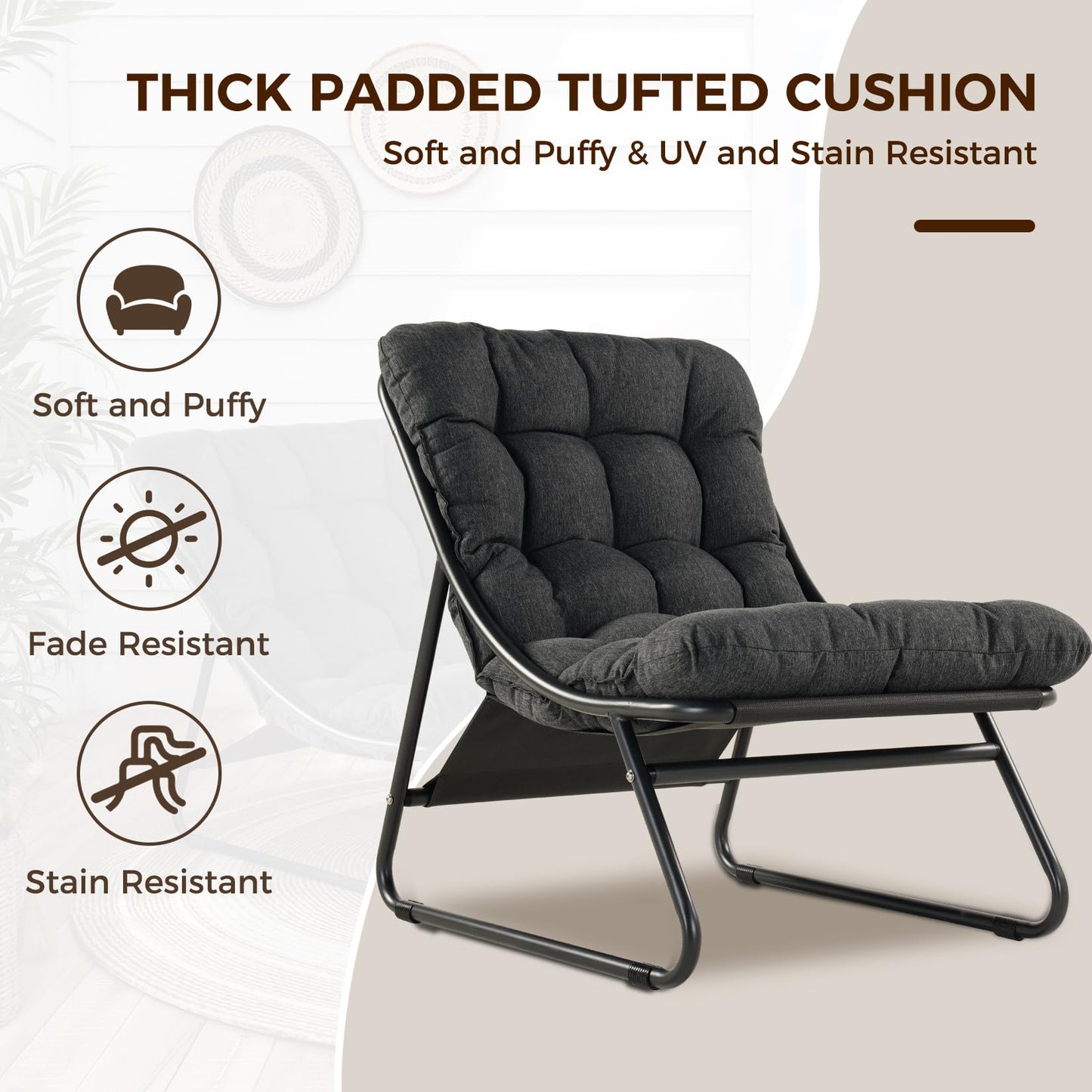 Grand patio Outdoor Lounge Chair with Ottoman, Comfy Sling Recliner Chair with Puffy Cushion and Footstool, Samba Modern Patio Furniture Set for Porch Deck Garden, Dark Gray