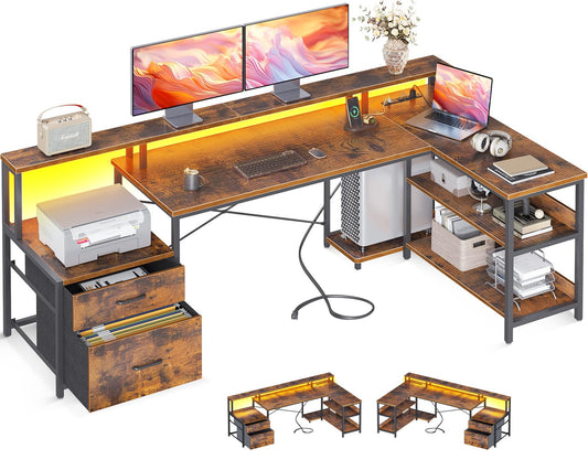 ODK L Shaped Desk with File Drawer, 75" Reversible L Shaped Computer Desk with Power Outlet & LED Strip, Office Desk with Storage Shelves, Gaming Desk with Monitor Shelf, Corner Desk, Vintage