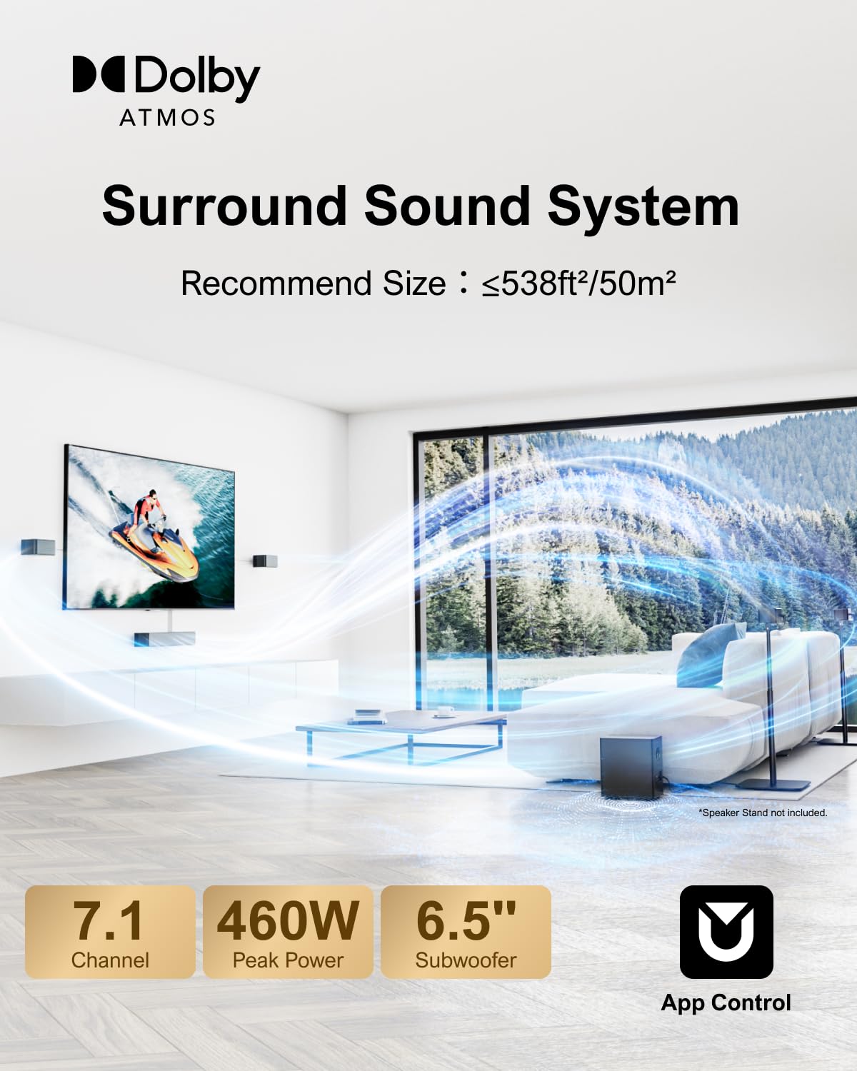 ULTIMEA 7.1Ch Sound Bar with Dolby Atmos, APP Control, Surround Sound System for TV, 4 Wired Surround Speakers, Sound Bar for TV with 6.5" Wireless Subwoofer, Soundbar for TV, Poseidon D80 Upgraded