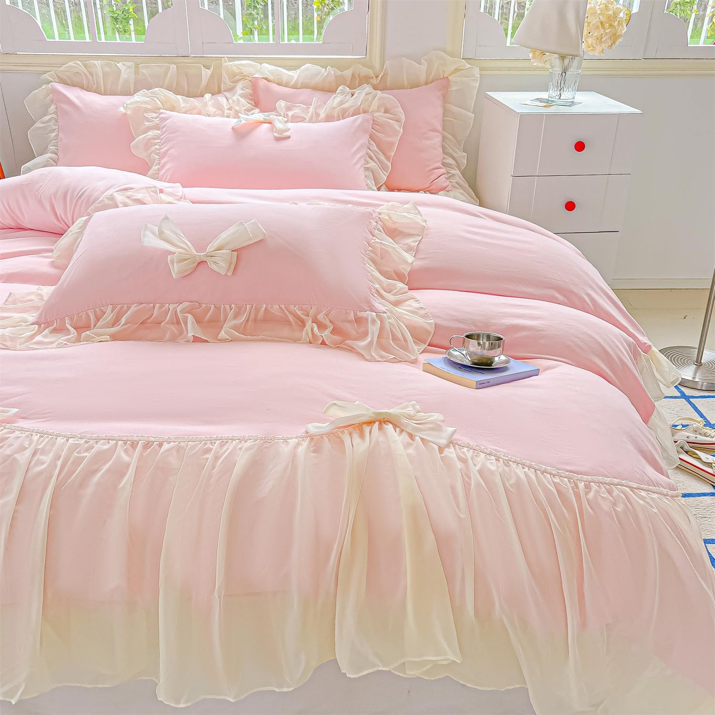 SOUKECHY Girls Lace Bedding,Pink Full Comforter Cover Set, Chic Ruffled Duvet Cover with Lovely Bow,Princess Style 1 Duvet Cover with 2 Pillowcases, No Comforter-Pink,Full Size