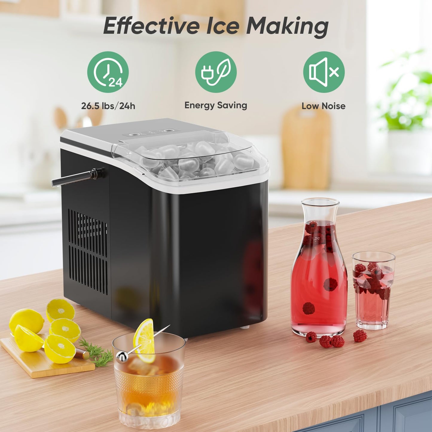 Sweetcrispy Countertop Ice Maker Machine Self-Cleaning, Fast Making 9 Ice Cubes in 6 Minutes, 26.5lbs/24Hrs, 2 Sizes Bullet Ice, Portable Ice Machine with Ice Scoop, Basket and Handle, Black