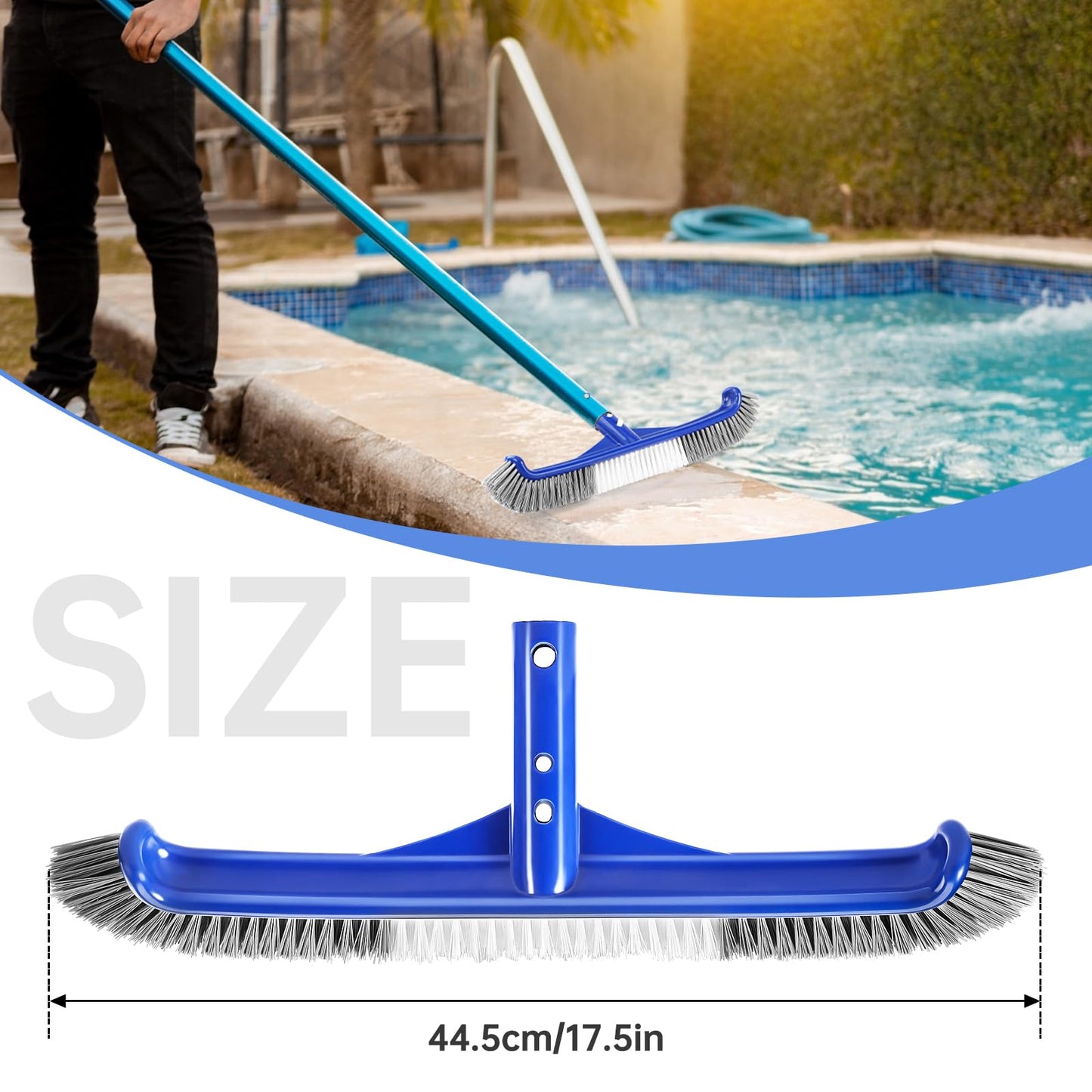 Pool Brush Head, 17.5" Pool Brushes for Cleaning Pool Walls, Curved Ends High-Efficiency Pool Scrub Brush,Premium Nylon Bristles Pool Brush with EZ Clip