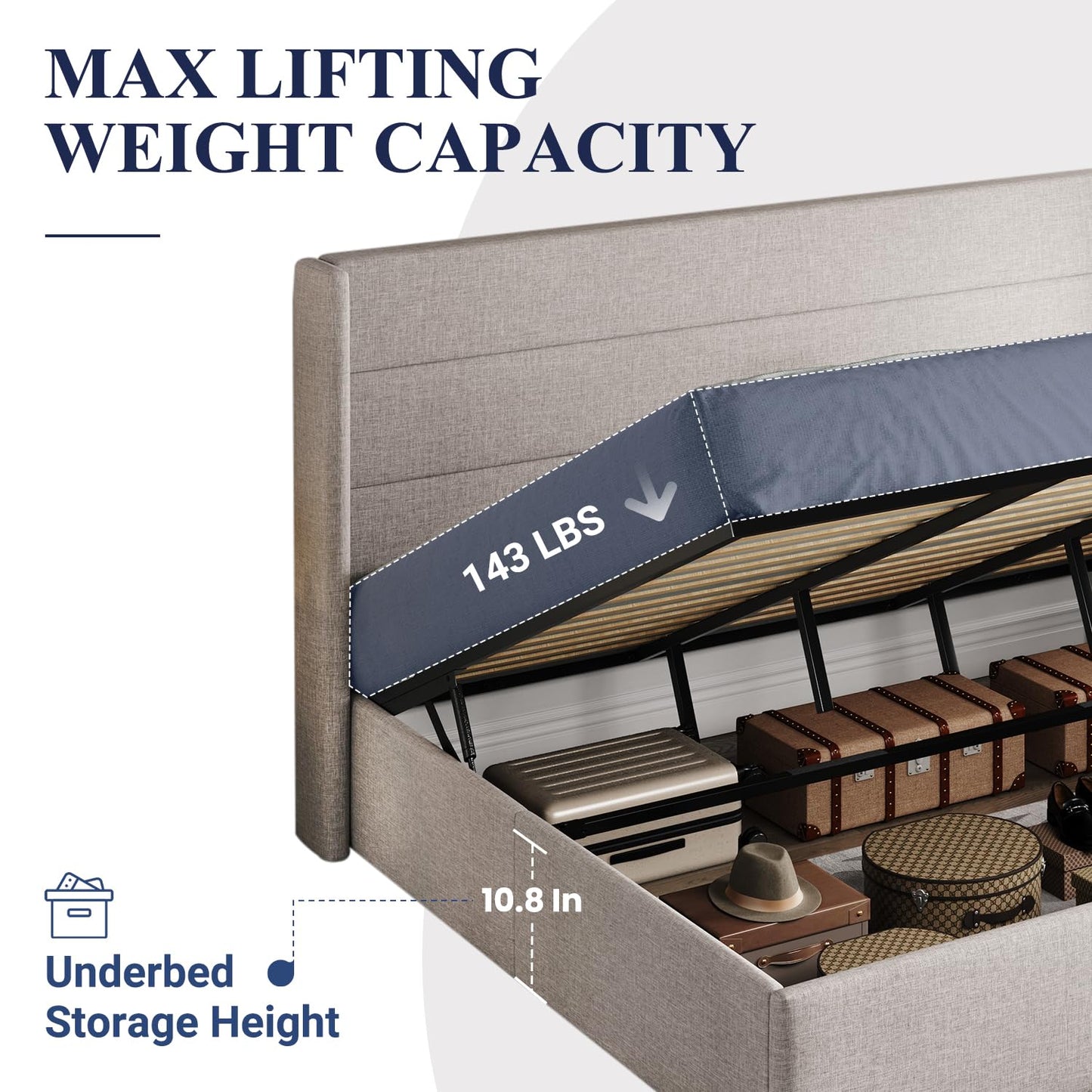 Allewie King Size Lift Up Storage Bed, Modern Wingback Headboard, No Box Spring Needed, Hydraulic Storage, Light Beige