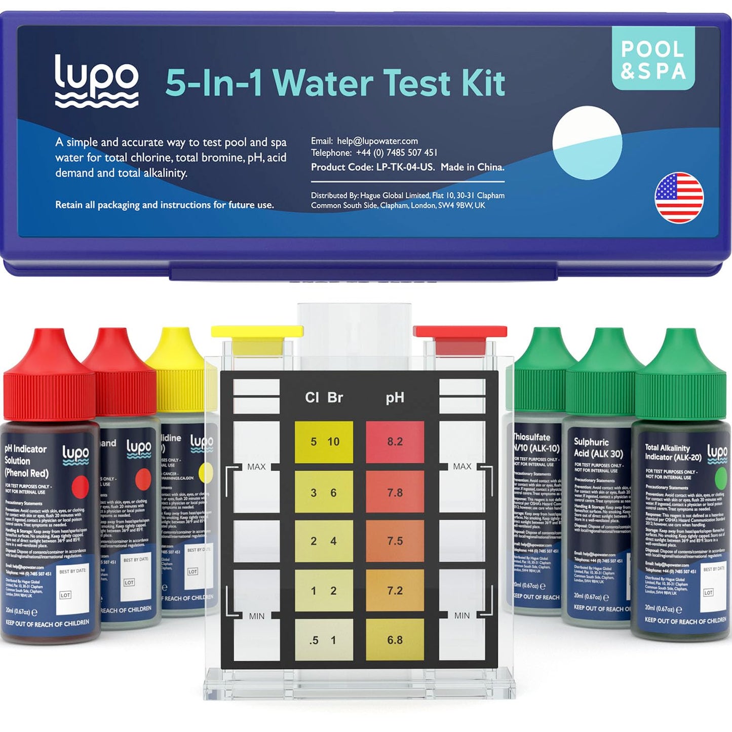 Lupo 5-in-1 Water Test Kit for Swimming Pools & Spas | Water Chemical Test Kit for Total Chlorine, Total Bromine, pH, Acid Demand and Total Alkalinity