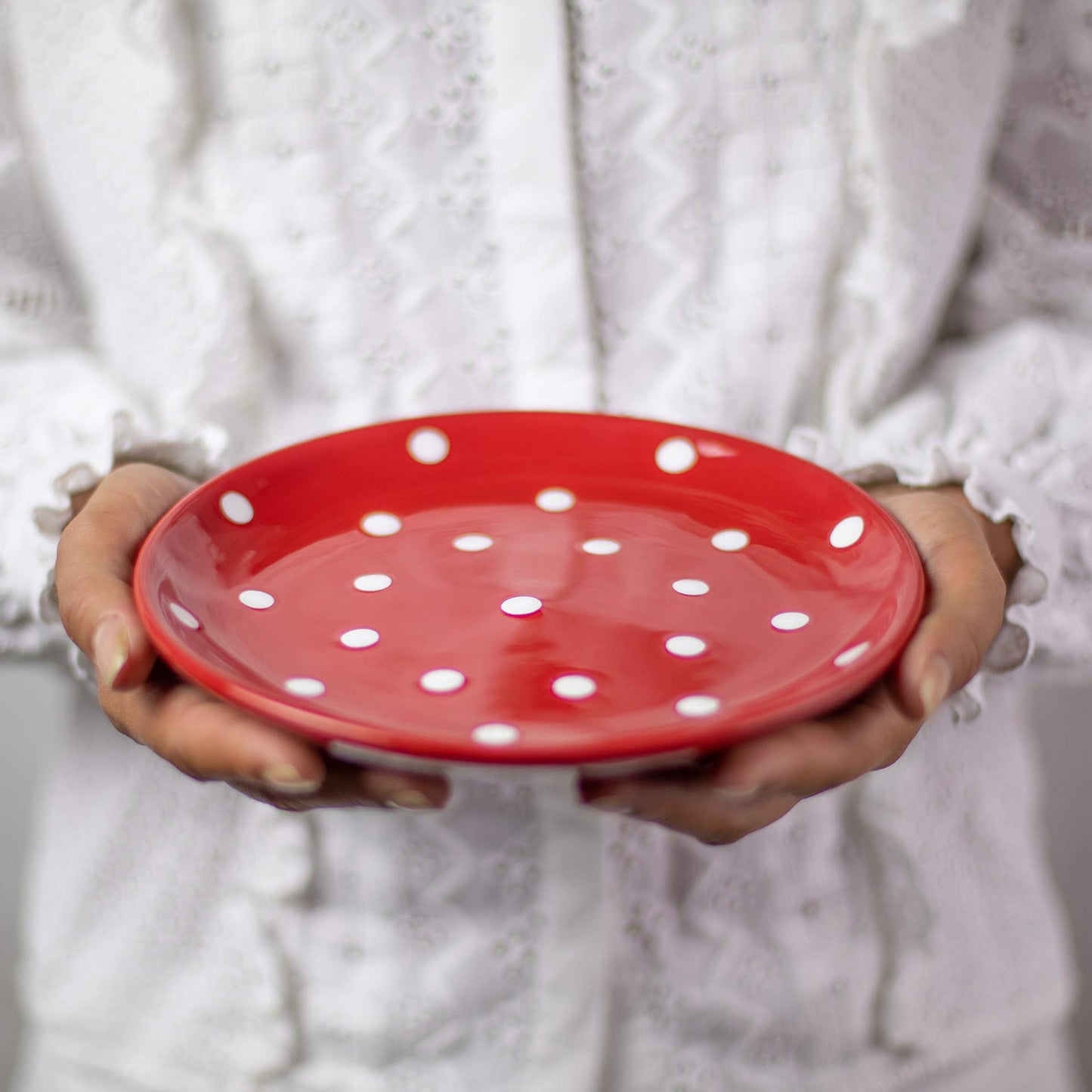 City to Cottage Handmade Red and White Pottery Polka Dot Glazed 7.9inch/20cm Side Plate, Dessert Plate, Unique Ceramic Dinnerware, Housewarming Gift