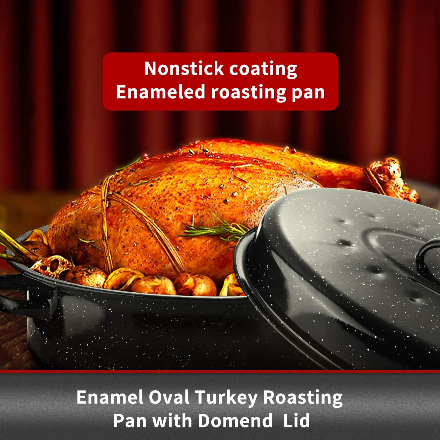 JY COOKMENT 15.7" Enameled Oval Roaster with Domed Lid - For Turkey, Chicken, Ham, Dishwasher Safe