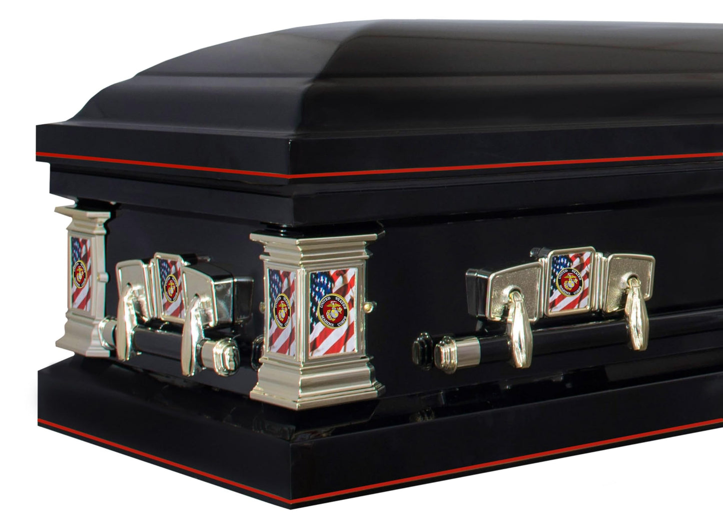 Titan Casket Veteran Select Steel Casket (Marines) Handcrafted Funeral Casket - Black with Black, Red-Lined Interior & Marines Head Panel
