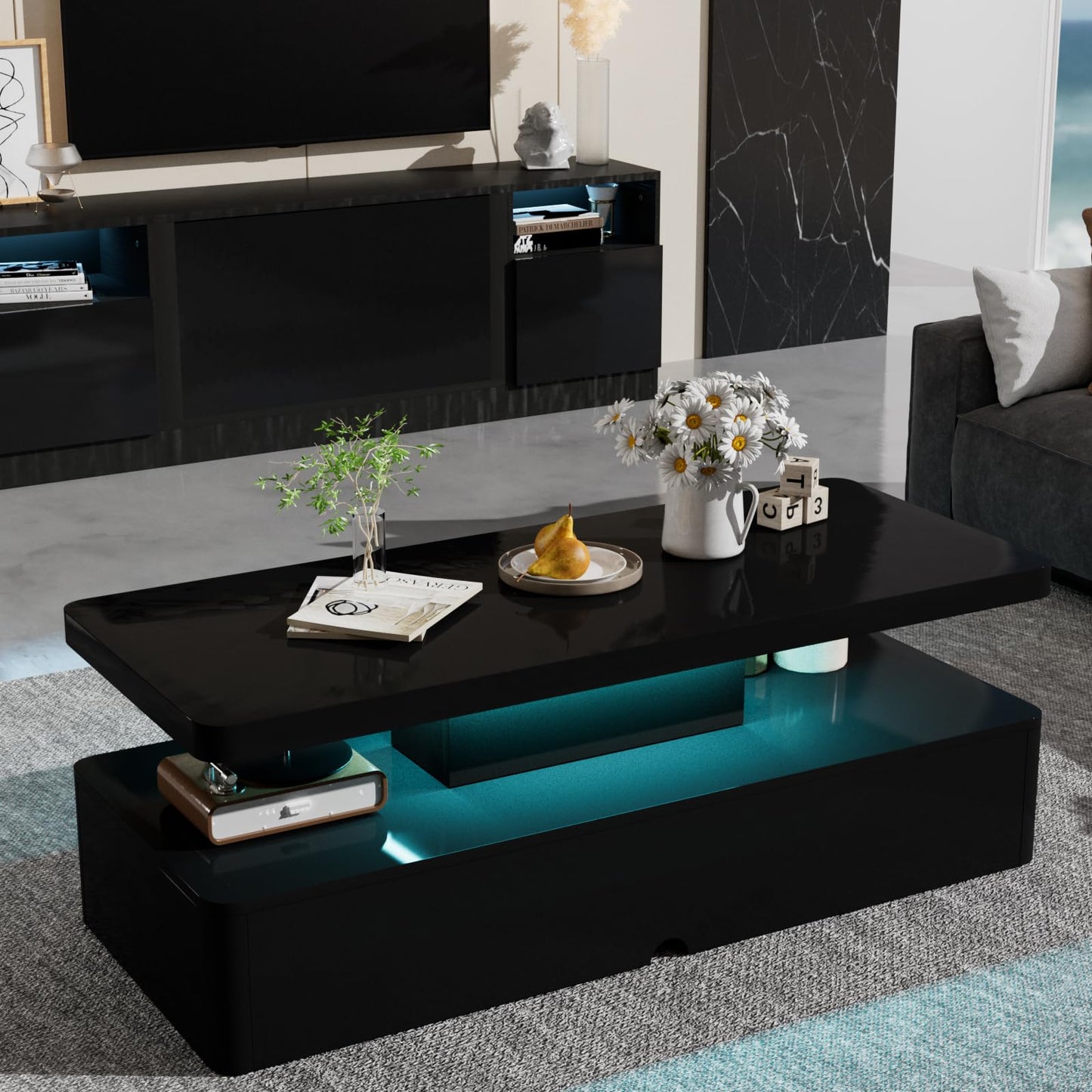 oneinmil Modern Stylish Coffee Table with 16 Colors LED Lights, Double-Layer Design for Living Room, Black