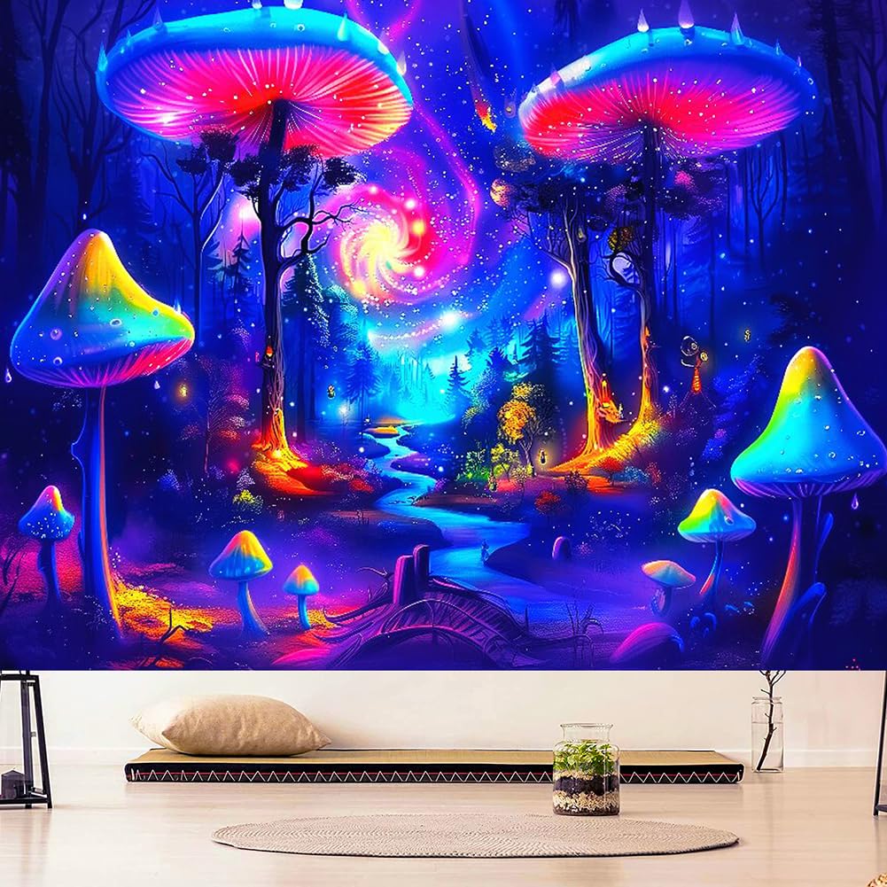 BJYHIYH Extra Large Blacklight Tapestry Wall Hanging Galaxy Mushroom Tapestries Fantasy Forest Tapestry for Bedroom Living Room Decor(90"×70")