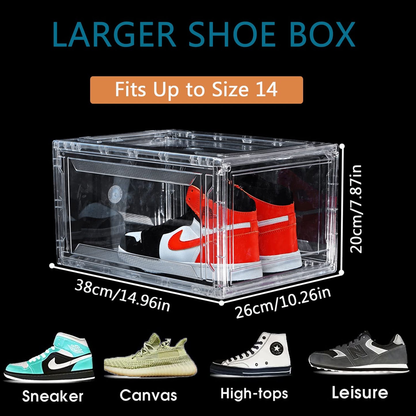 12 Pack Shoe Boxes, Clear Acrylic Plastic Shoe Boxes Stackable, Space-Saving Foldable Drop Front Shoe Storage Boxes Container for With Lids Fits Up to Size 15 (Transparency)