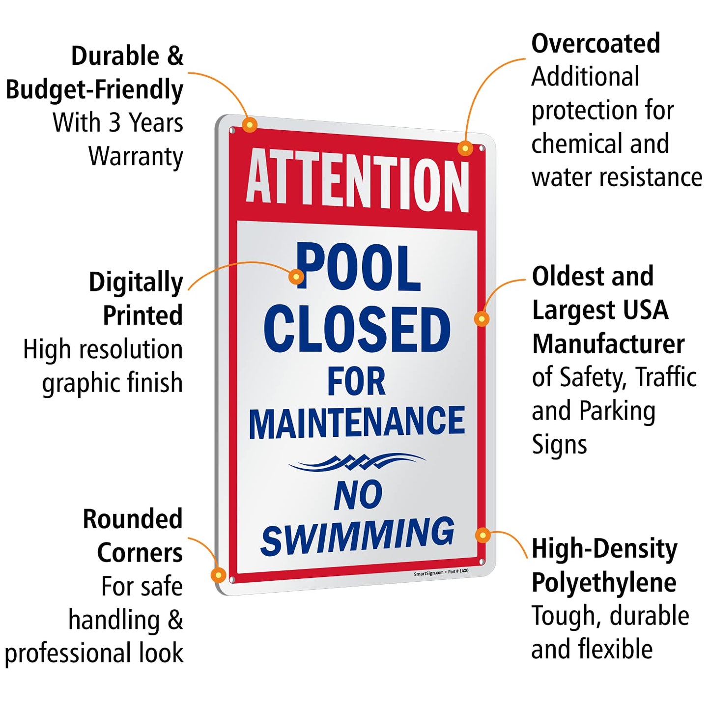 SmartSign-K-2377-PL "Attention - Pool Closed For Maintenance, No Swimming" Sign | 10" x 15" Plastic , Blue/Red on White