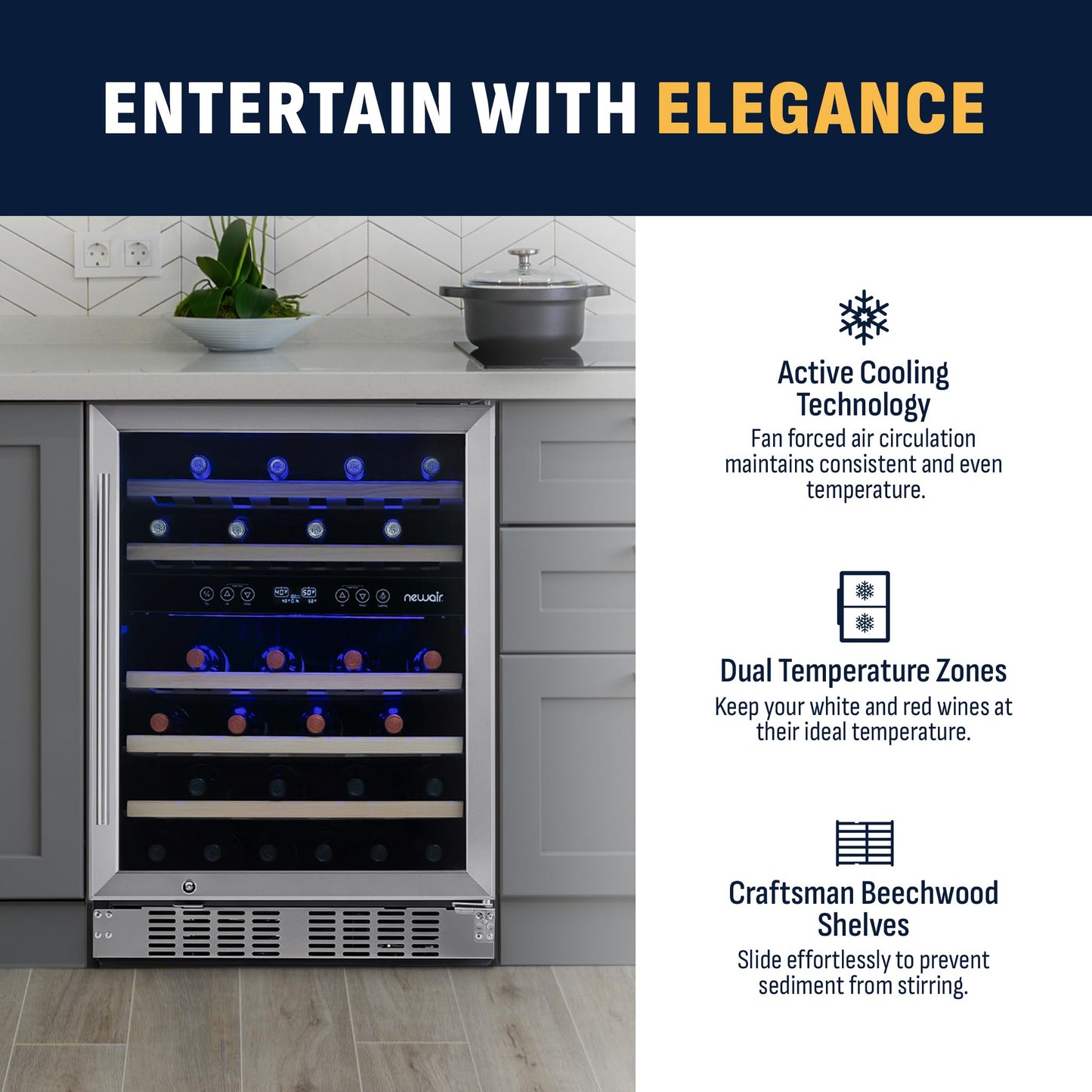 NewAir 24" Wine Cooler, 46 Bottle Dual Zone Wine Refrigerator, Built-in Small Wine Fridge | Stainless Steel Mini Fridge with Lock and Recessed Kickplate, for Home Kitchen Cabinet, Bar Cabinet