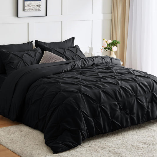 CozyLux Full Comforter Set - 7 Pieces Comforters Full Size Black, Pintuck Bed in A Bag Pinch Pleat Bedding Sets with All Season Comforter, Flat Sheet, Fitted Sheet and Pillowcases & Shams