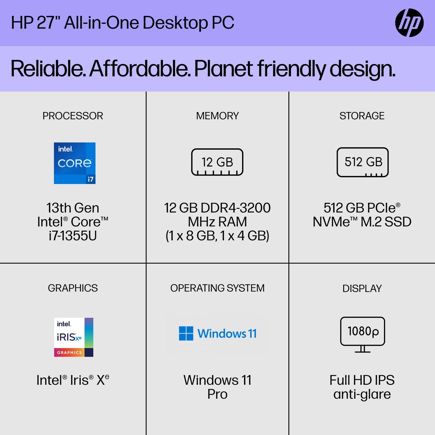 HP 27 inch All-in-One Desktop PC, FHD Display, 13th Generation Intel Core i7-1355U, 12 GB RAM, 512 GB SSD, Intel Iris Xe Graphics, Windows 11 Pro, 27-cr0082 (2023)