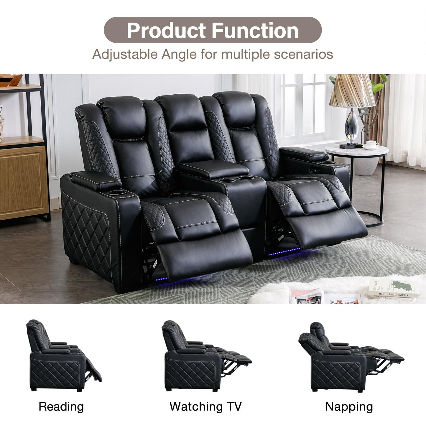 EBELLO Home Theater Seating with Ambient Lighting, Electric Power Loveseat Recliner with Adjustable Headrest, Faux Leather Dual Recliner with Hidden Arm Storage, USB Ports and Cup Holders, Black