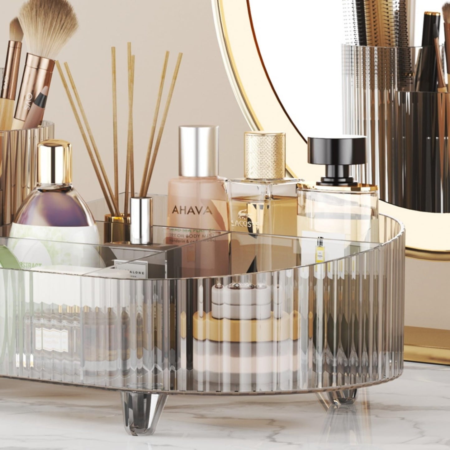 Rotating makeup organizer,Large Capacity Cosmetic Display Case, easy to hold all of your makeup products, at least 20 makeup brushes/eyeliner,10 lipsticks,8 skincare products(Crystal Amber)