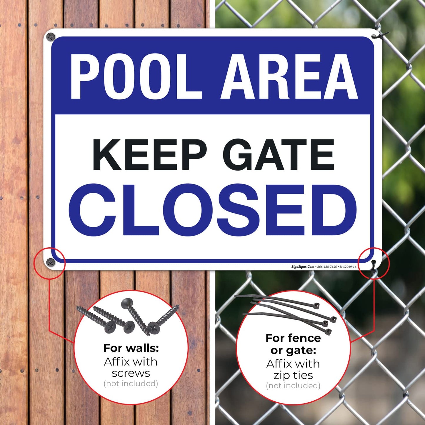 Sigo Signs Pool Area Keep Gate Closed Pool Sign, 10x14 Inches, Rust Free .040 Aluminum, Fade Resistant, Made in USA