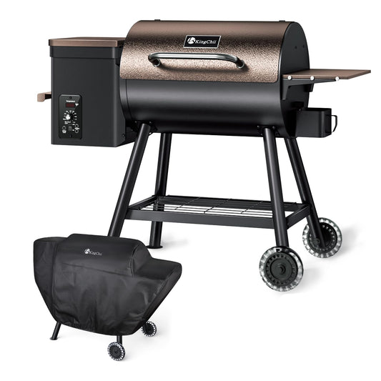 KingChii 456 SQ.IN Pellet Grill Smoker with Side Shelf, 8 IN 1 BBQ Grill with PID Temperature Control for Outdoor Cooking, BBQ Camping and Patio, Brown(Cover Including)