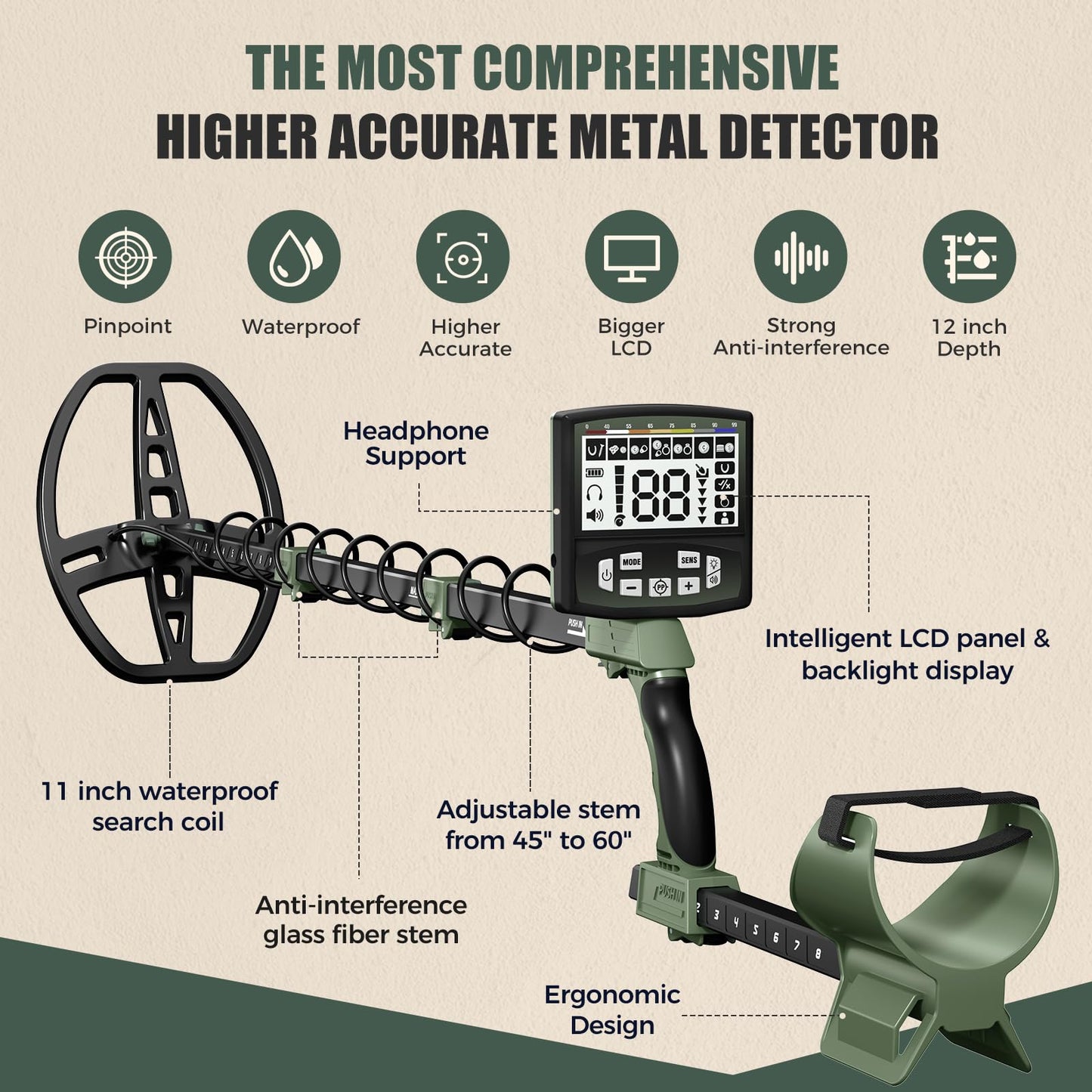 Gbnryg Metal Detector for Adults Professional, Pinpoint Metal Detector Waterproof Gold and Silver, Higher Accuracy, Bigger LCD Display, 12" IP68 Coil, New Advanced DSP Chip