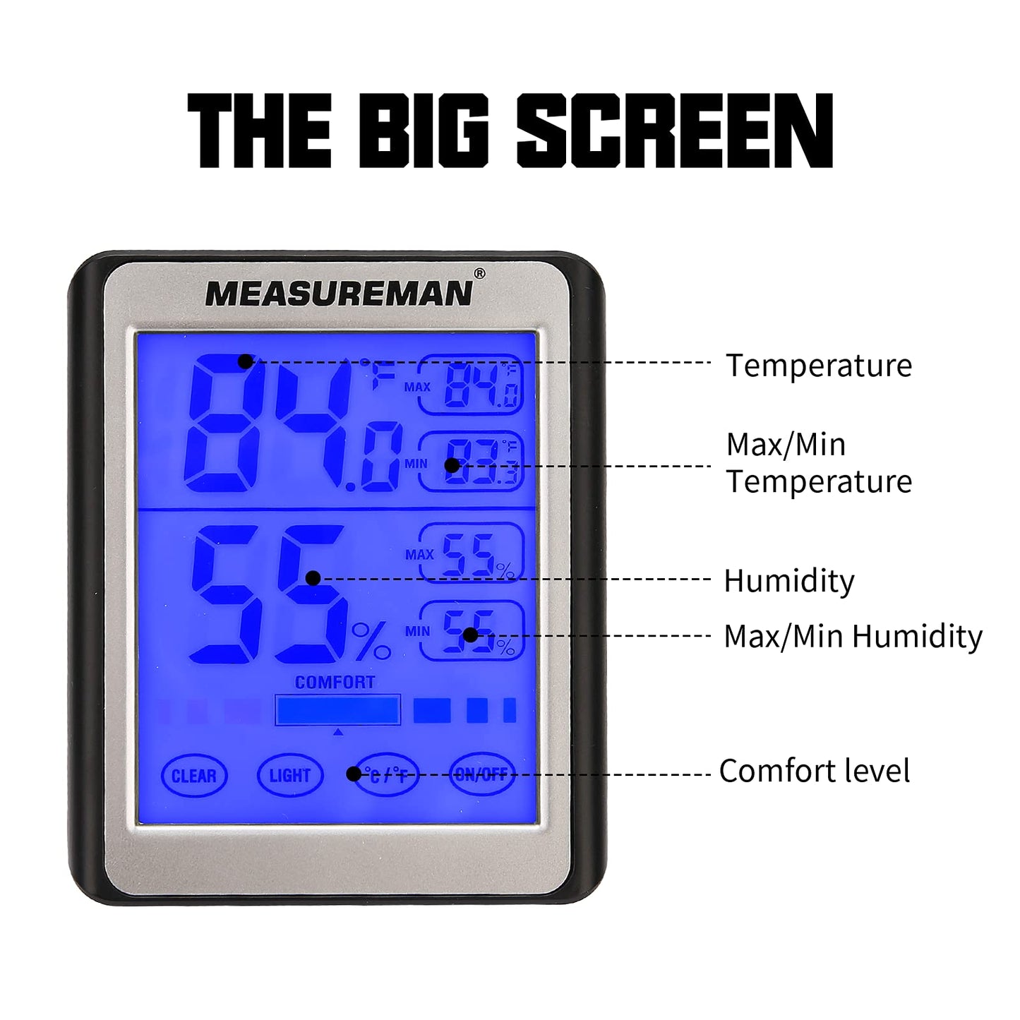 MEASUREMAN Digital Indoor Thermometer and Hygrometer with Humidity Gauge with Touch LCD Backlight, Accurate Temperature Humidity Monitor Meter for Home, Office, Indoor Garden, Battery Include