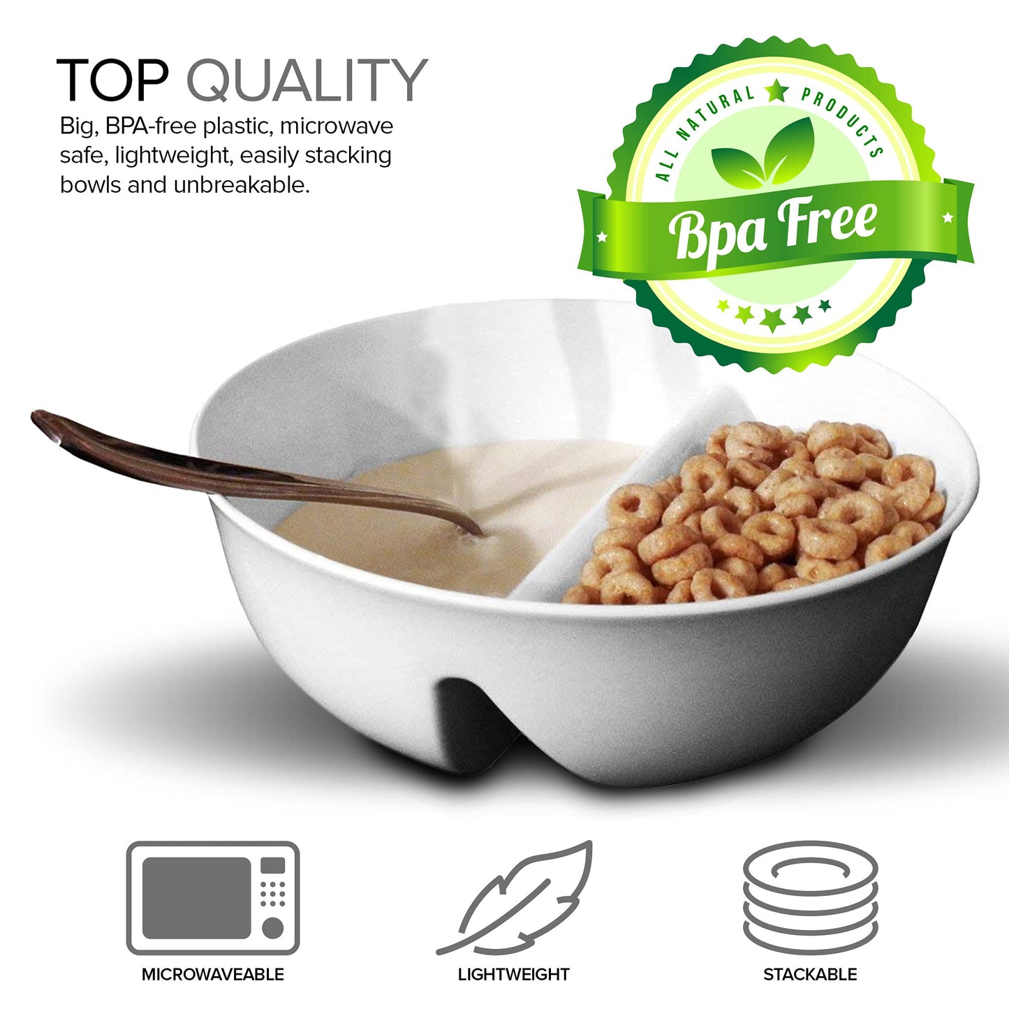 2 Pack - Just Crunch Anti-Soggy Cereal Bowl - Keeps Cereal Fresh & Crunchy | BPA Free | Microwave Safe | Ice Cream & Topping, Yogurt & Berries, Fries & Ketchup and More – White