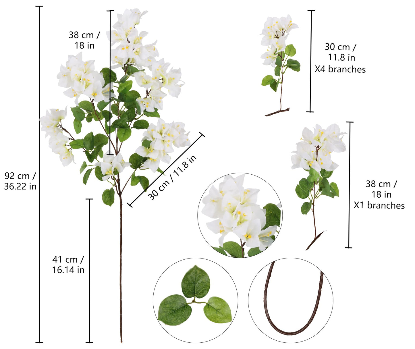 Tozeurty Faux Bougainvillea 3 Stems 15branches White Artificial Flowers Large Bougainvillea 36.2" White Fake Flowers for Tall Vase Flowers Arrangement Home Wedding Centerepieces Decor (White)