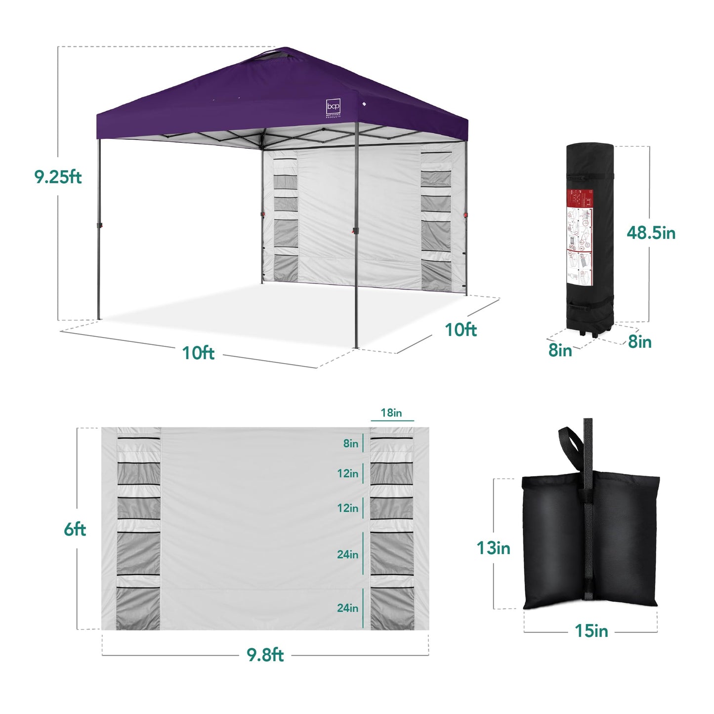 Best Choice Products 10x10ft Easy Pop Up Canopy w/Side Wall, 10 Pockets, Portable Carrying Case, 1-Button Setup, 4 Weight Bags - Amethyst Purple