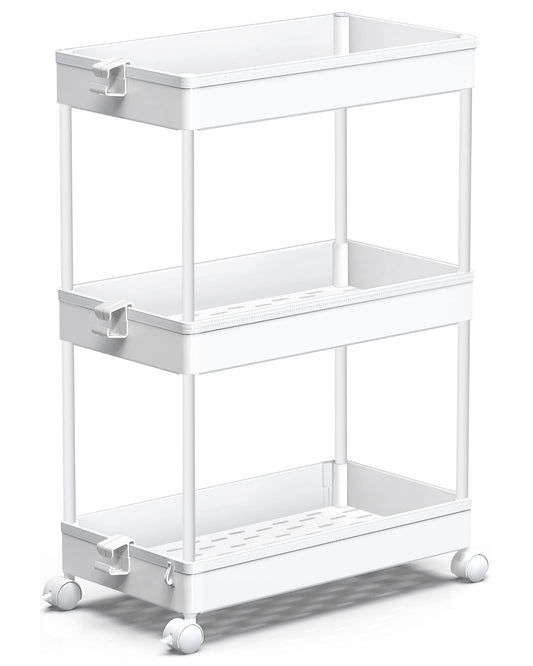 SPACEKEEPER Rolling Storage Cart 3 Tier, Bathroom Cart Organizer Laundry Room Organizer Utility Cart Mobile Shelving Unit Multi-Functional Shelves for Office, Kitchen, Bathroom, White