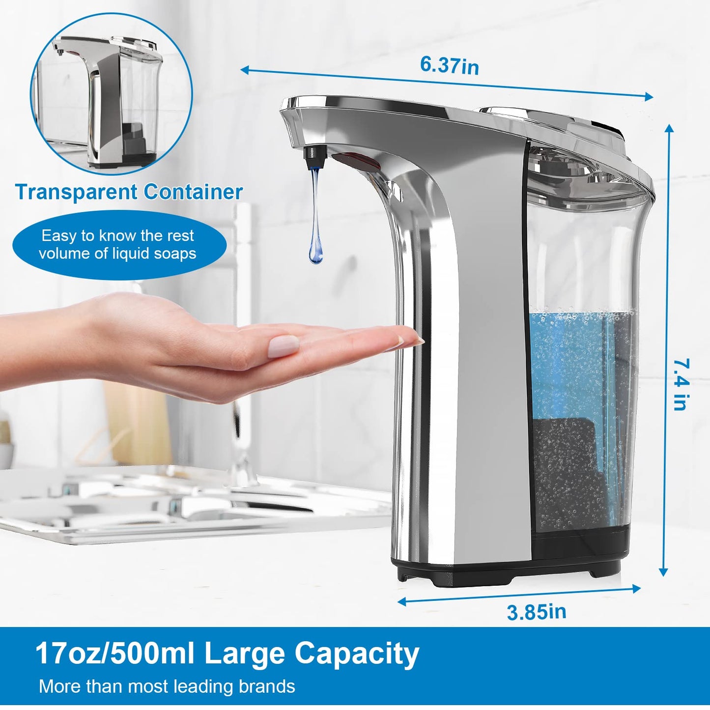 PZOTRUF Automatic Soap Dispenser, Touchless Dish Soap Dispenser 17oz/500ml with Infrared Sensor, 5 Adjustable Soap Levels, Liquid Hand Soap Dispenser