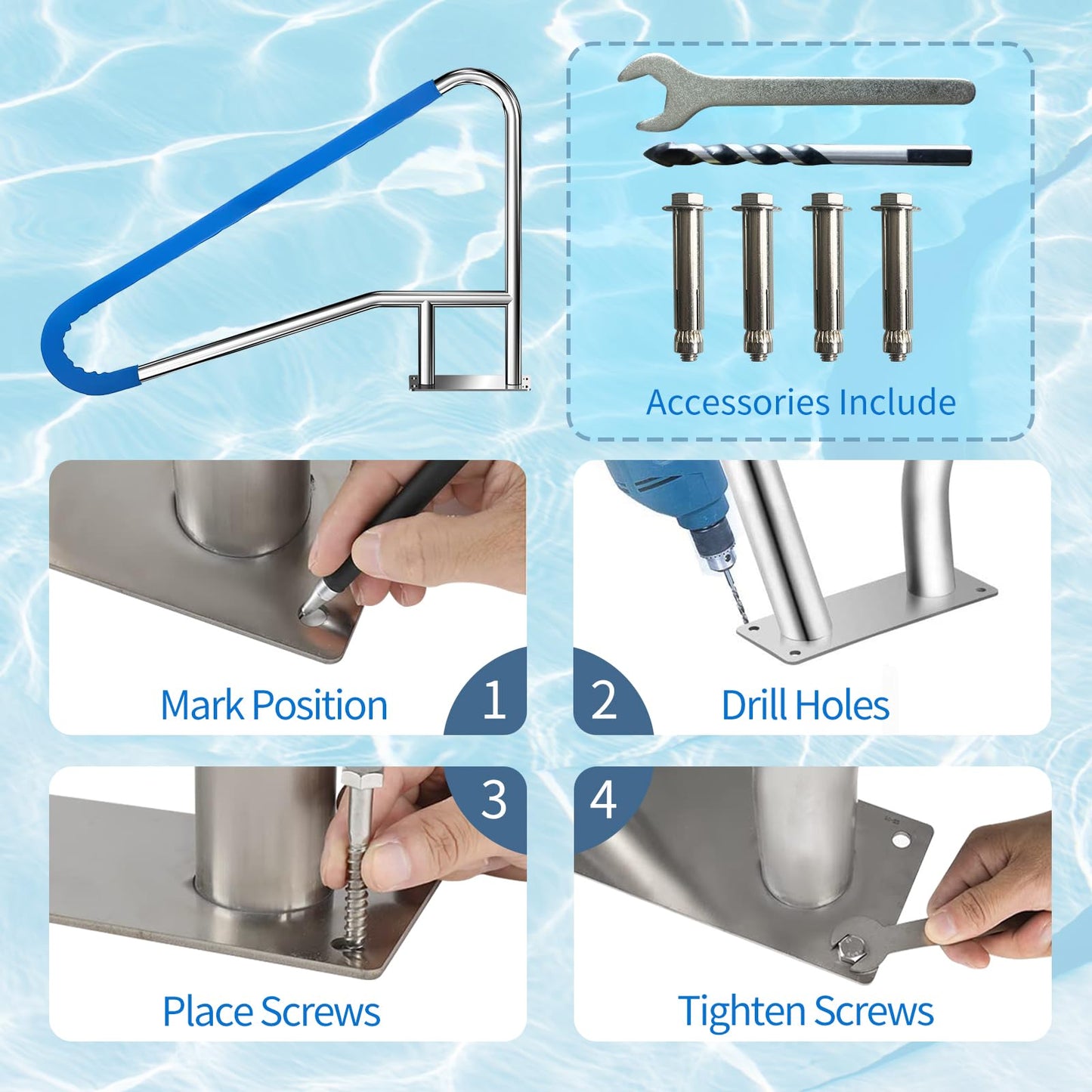 Pool Rail for inground Pools (54x32), 304SS Pool handrail with Nonslip Blue Cover.