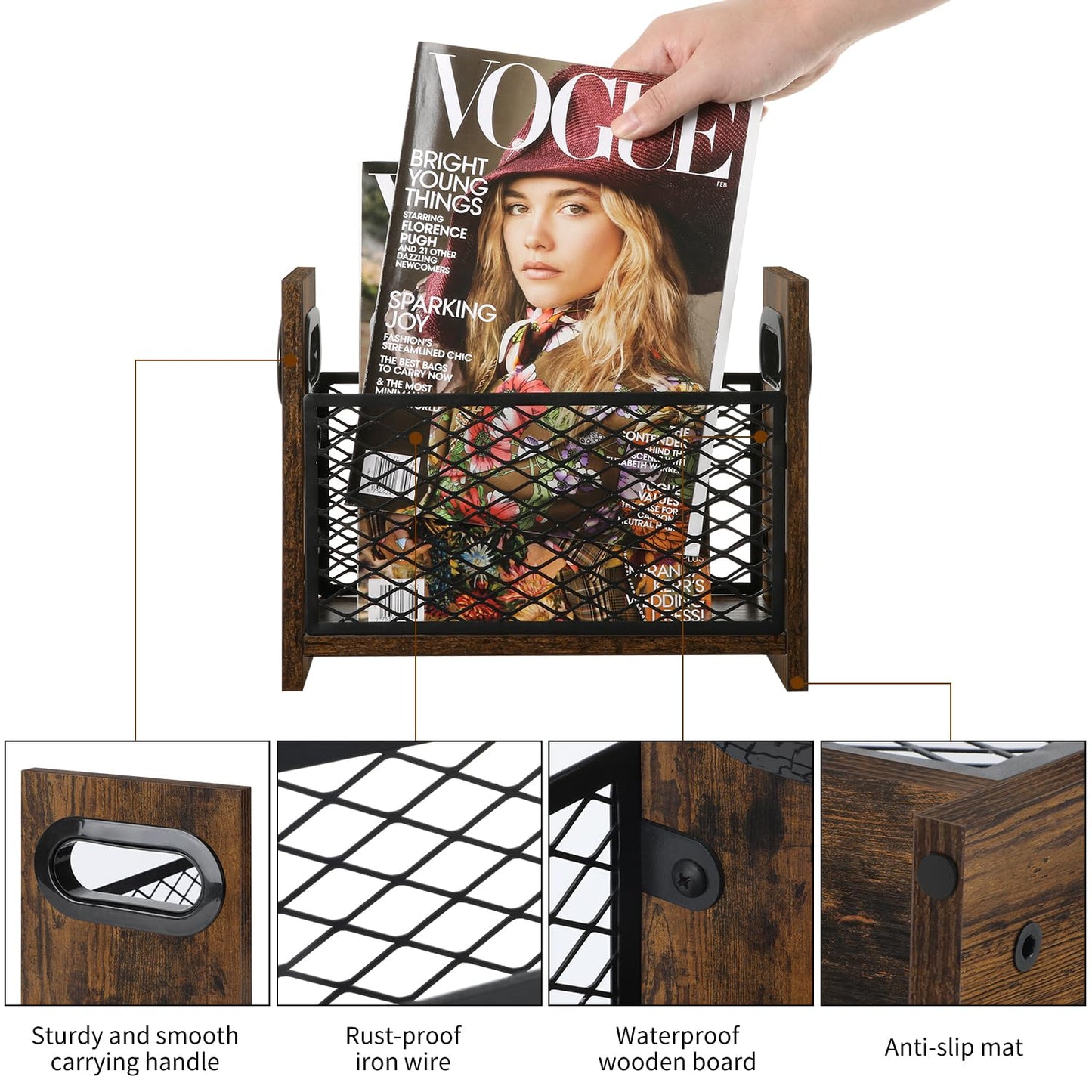 YINMIT Magazine Holder, Magazine Rack for Desktop and Home Office, Farmhouse File Storage Basket for Letters, Magazines, Books, Newspapers (Small)