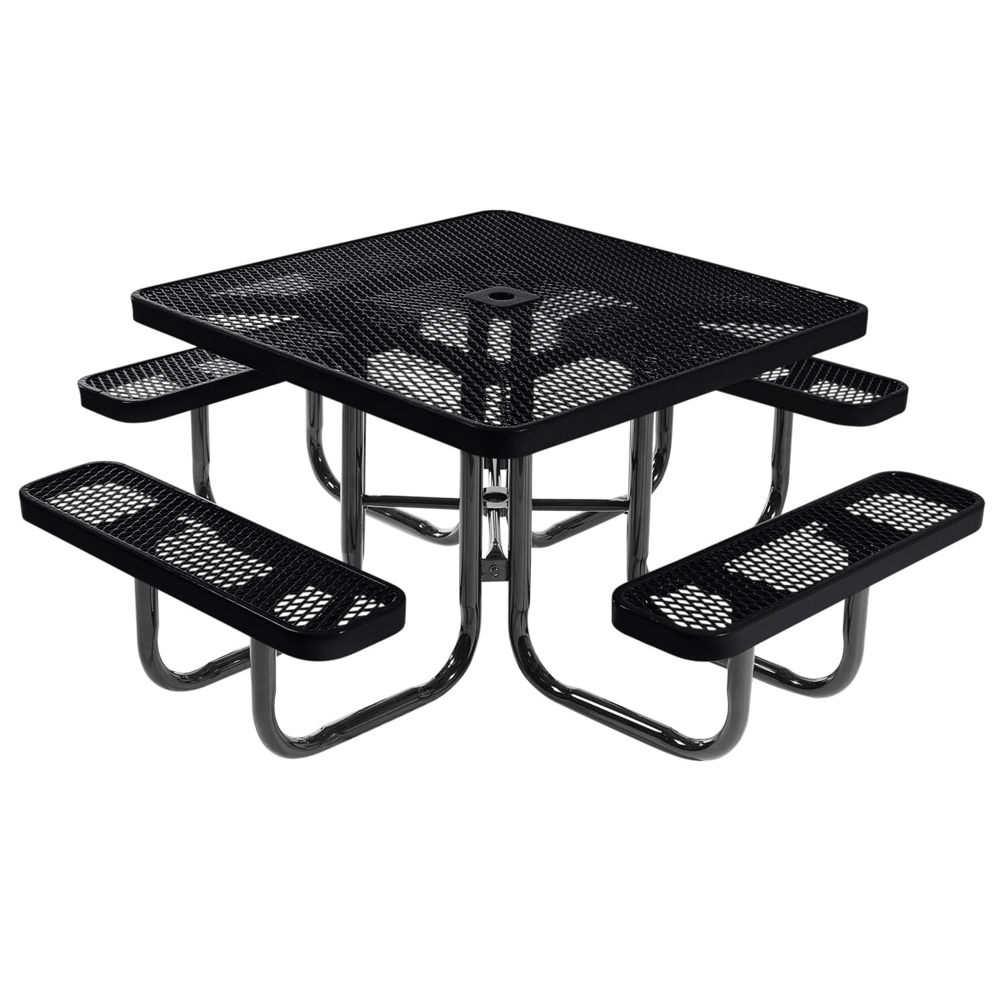 Coated Outdoor Furniture Heavy-Duty Portable Outdoor Picnic Table with Umbrella Hole, Expanded Metal Commercial-Grade Patio Dining Furniture Made in America (46" Square Top, Black)