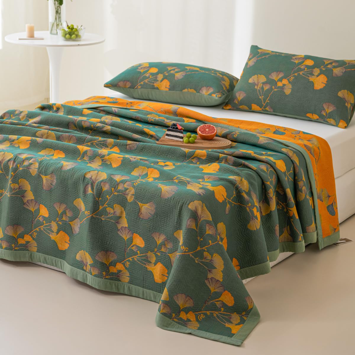 Purefair 100% Cotton Jacquard Quilt Floral Ginkgo Leaves Print,Soft Muslin Bed Cover 3 Layers Reversible Bedspread Coverlet Breathable Lightweight Bedding,King(98"x94"), No Pillow Sham