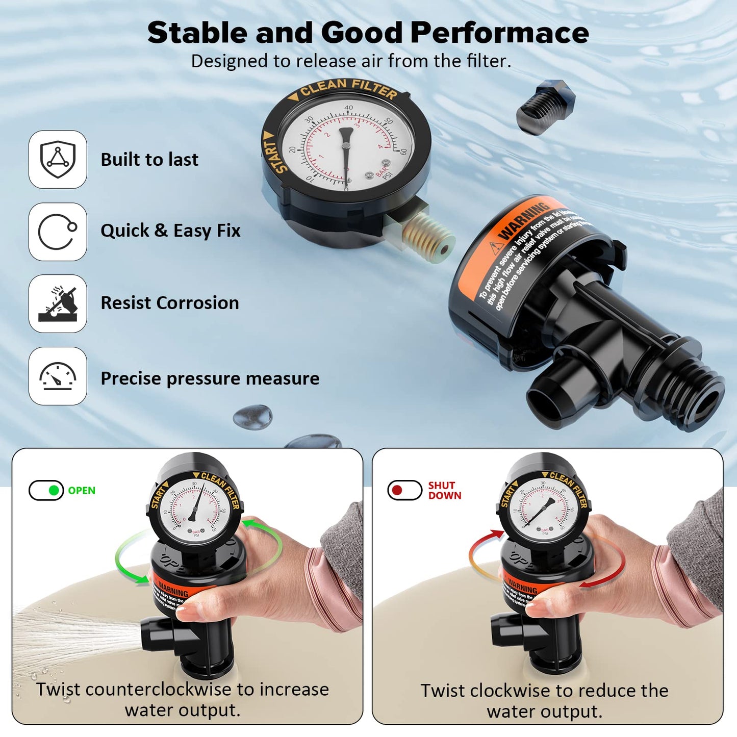 Manual Air Relief Valve for Pool and Spa Filters, Pool Filter Air Relief Valve with Pressure Gauge Replacement, Air Relief Valve for Pool Filter, Includes Gauge Plug, Pressure Gauge, O-Rings, Clips.