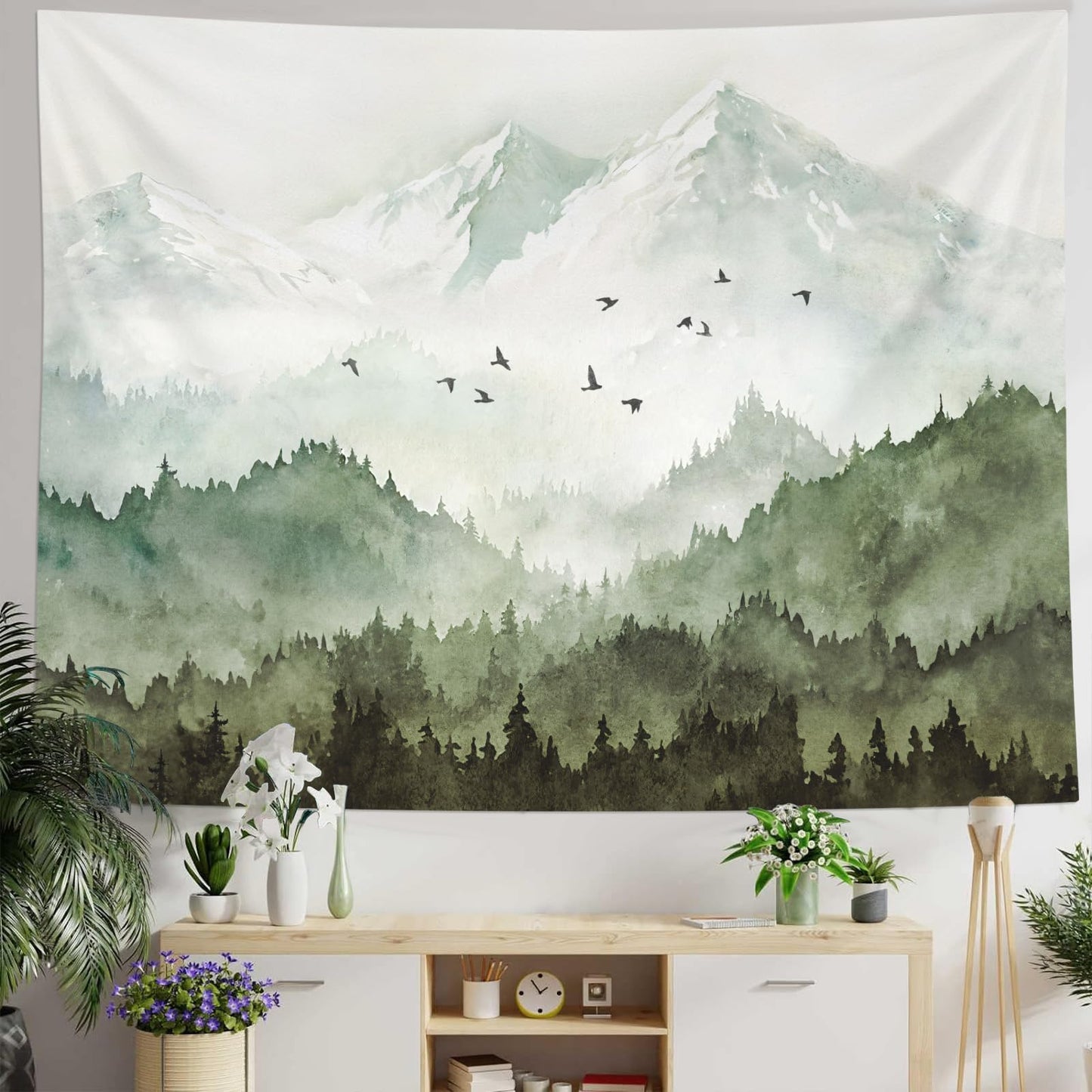 kampdream Mountain Forest Tapestry, Misty Foggy Sage Green Tree Landscape Watercolor Art Wall Tapestries, Nature Scenery Tapestry for Bedroom Living Room Backdrop 36×48 inch