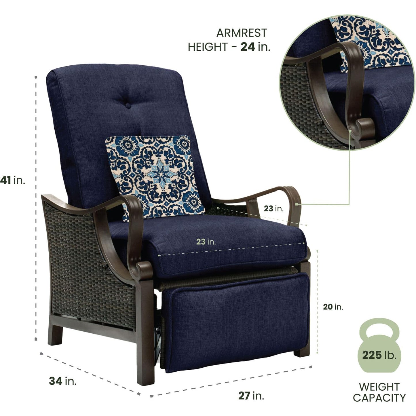 Hanover Ventura Brown Wicker Outdoor Recliner Chair with Cushions and Accent Pillow, Luxury All-Weather Outdoor Patio Recliner Chair with Rust Resistant Steel Frames for Deck, Backyard, Pool Side