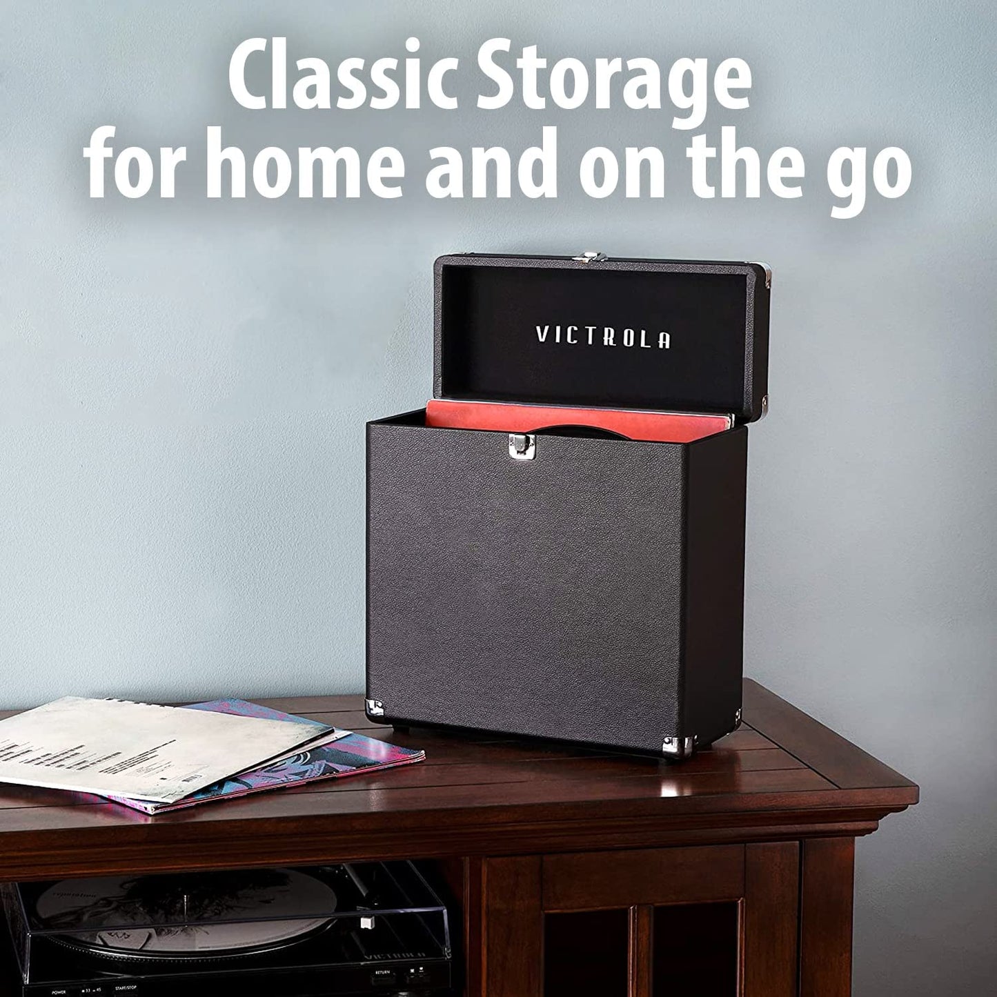 Victrola Vintage Vinyl Record Storage and Carrying Case, Fits all Standard Records - 33 1/3, 45 and 78 RPM, Holds 30 Albums, Perfect for your Treasured Record Collection, Black